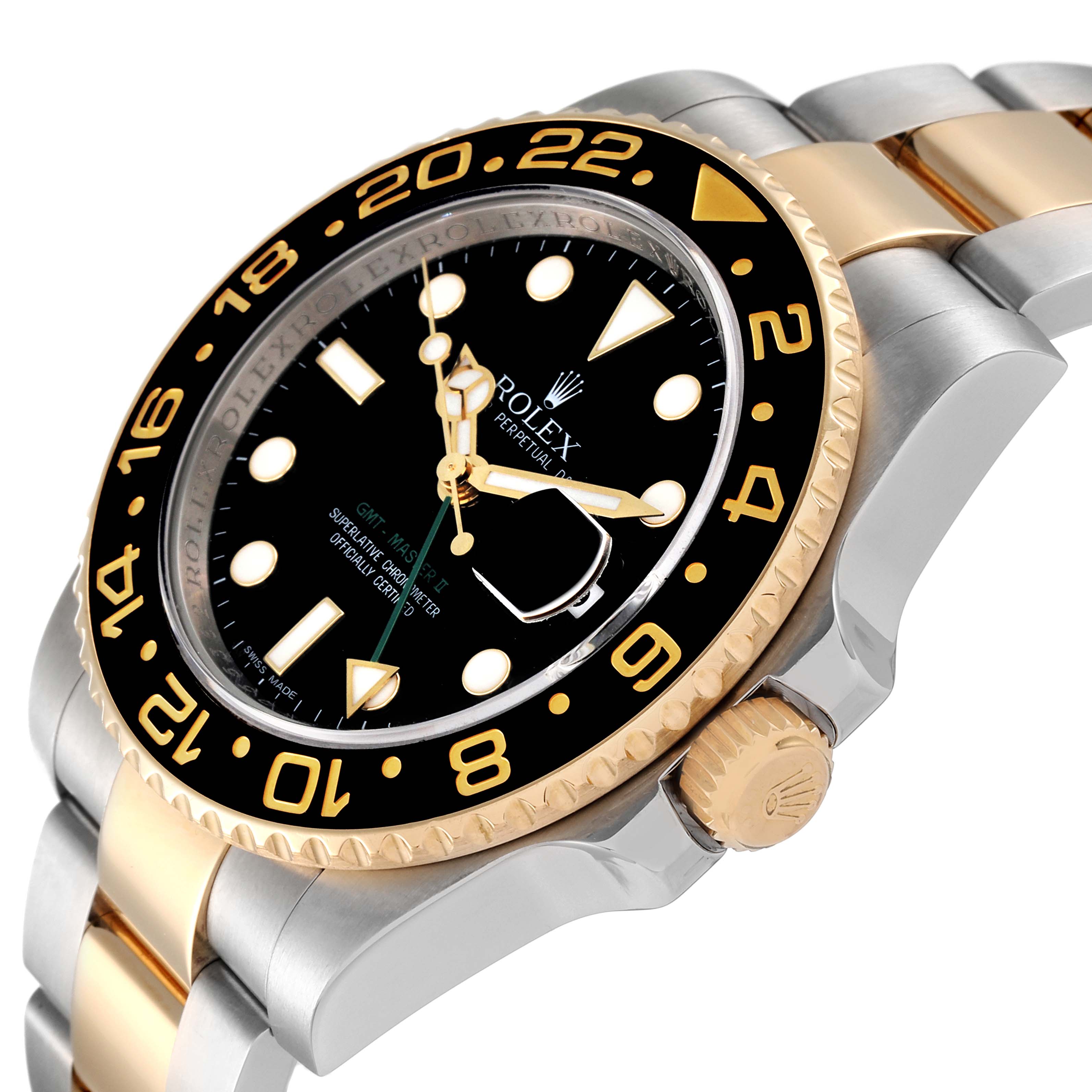 This image shows a Rolex GMT-Master 116713 Men's Steel and Gold (two tone) Black Dial 116713 Men's Steel and Gold (two tone) Black Dial watch at an angle, highlighting the face, bezel, crown, and metallic bracelet.