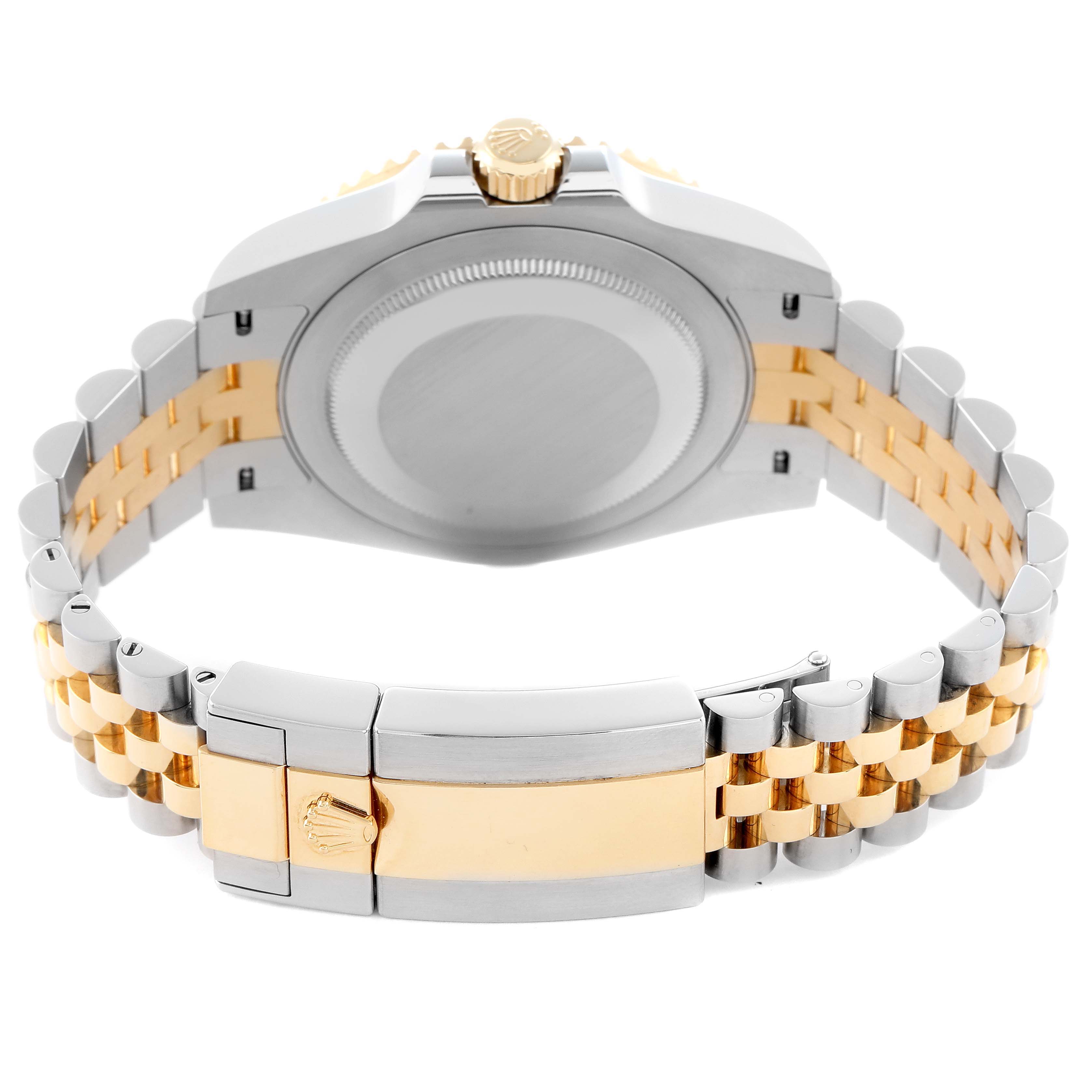 The image shows the back view of a Rolex GMT-Master 126713 Men
s Steel and Gold (two tone) Black Dial watch, highlighting the case back, crown, and two-tone metal bracelet with the clasp.