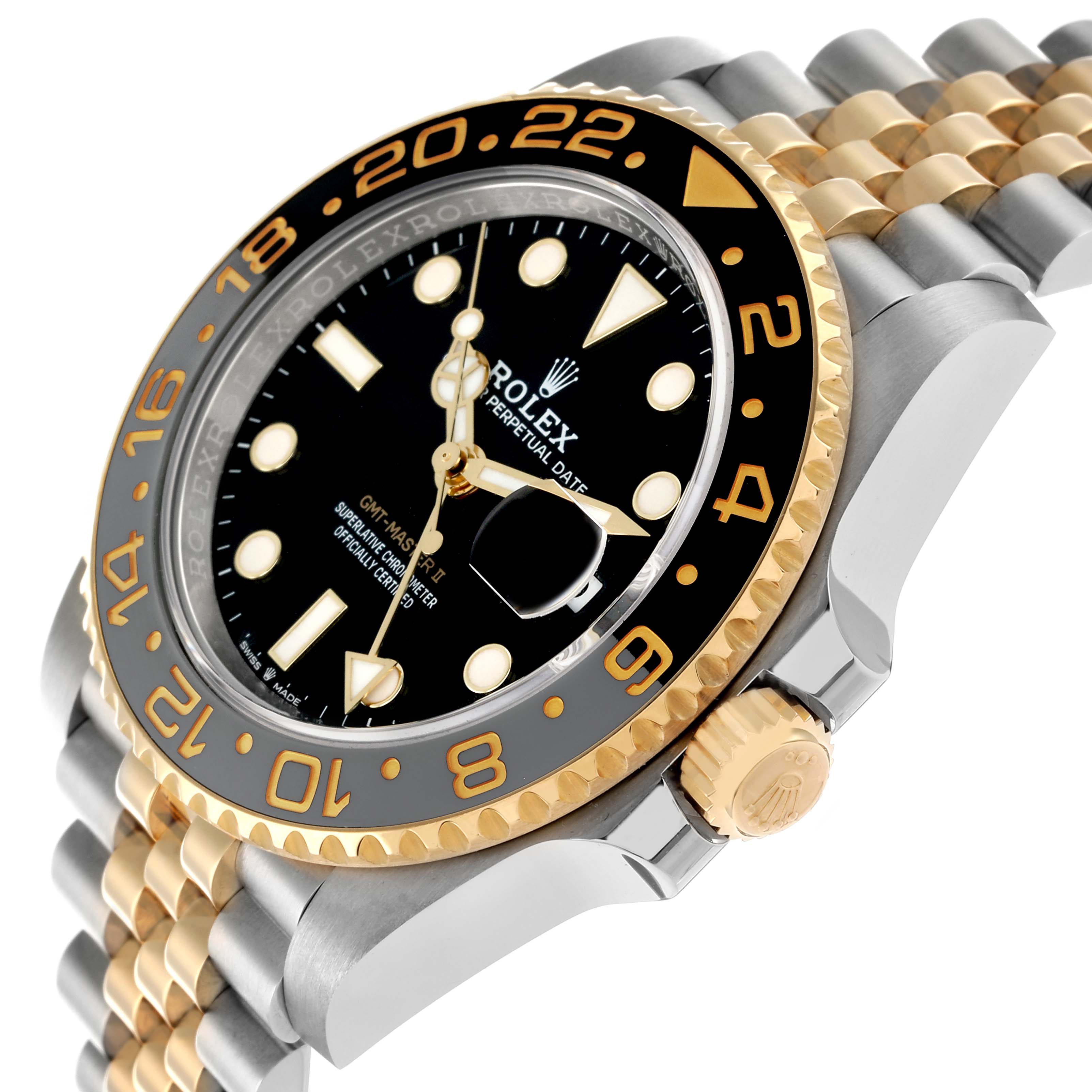 The Rolex GMT-Master 126713 Men
s Steel and Gold (two tone) Black Dial is shown at a slight angle, displaying its bezel, crown, and part of the bracelet.
