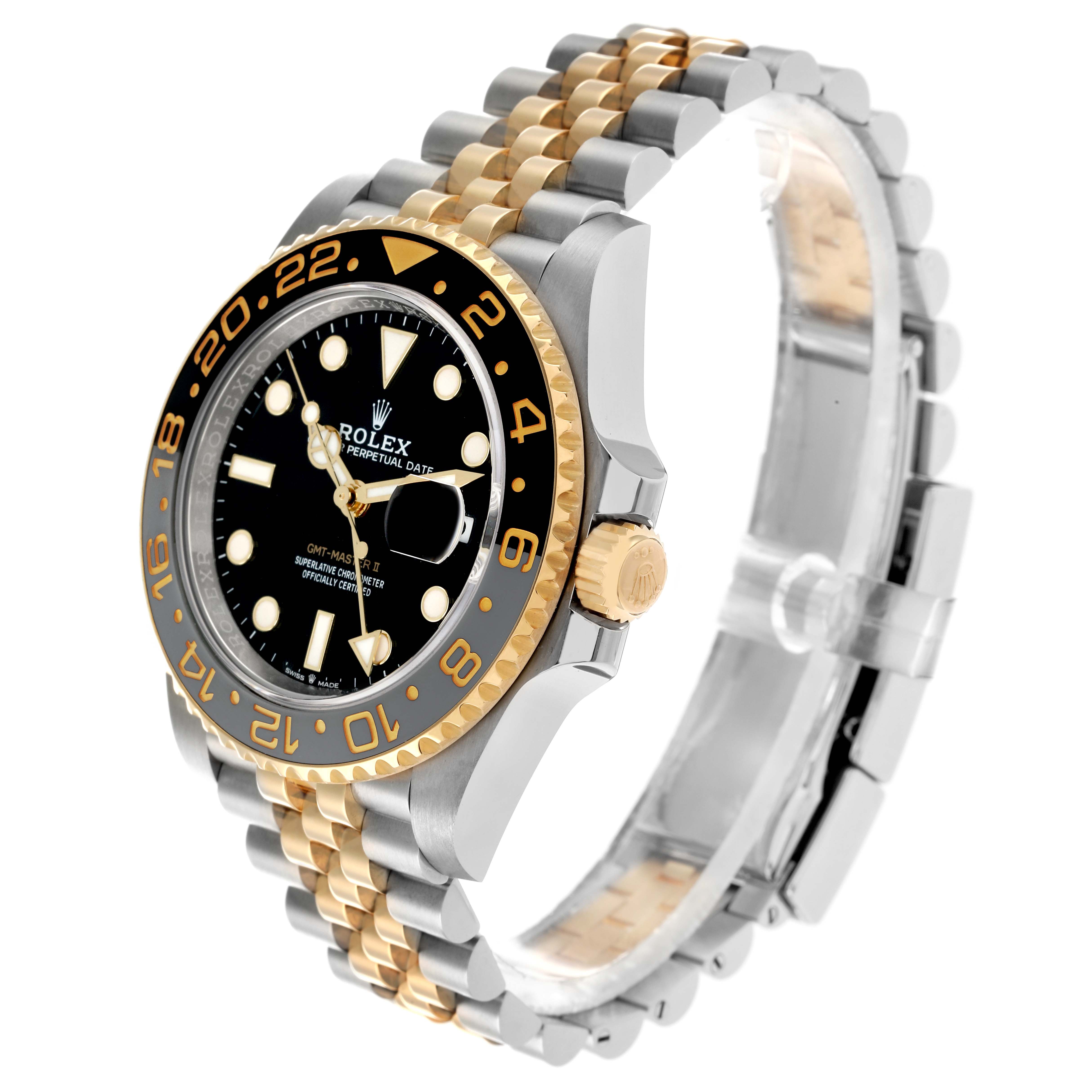 The Rolex GMT-Master 126713 Men
s Steel and Gold (two tone) Black Dial watch is shown at a front angle, highlighting the bezel, dial, bracelet, and crown.