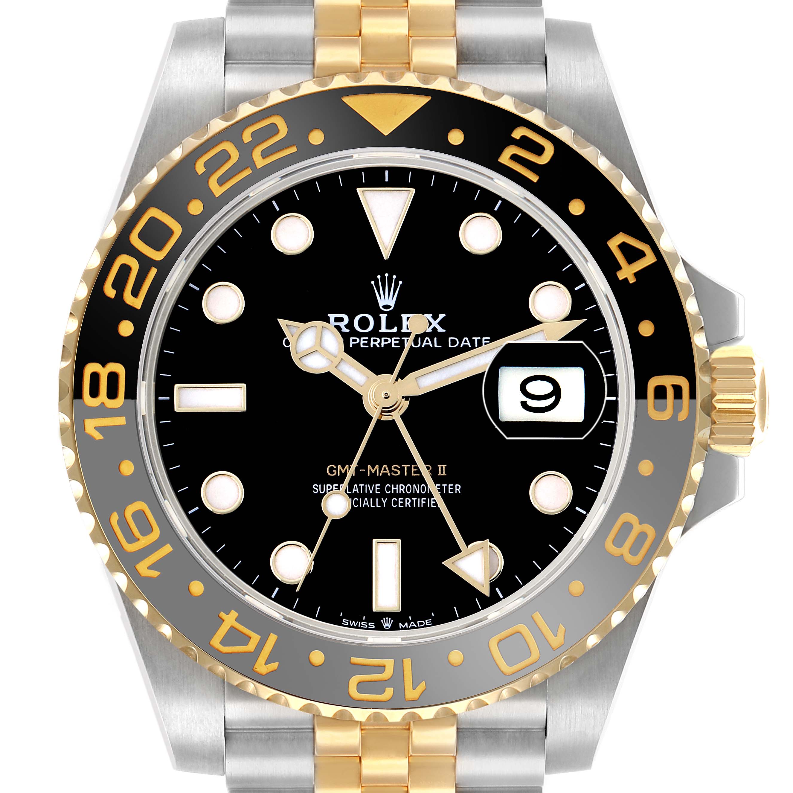 The Rolex GMT-Master 126713 Men
s Steel and Gold (two tone) Black Dial model is shown from the front, displaying the face, bezel, crown, and part of the bracelet.