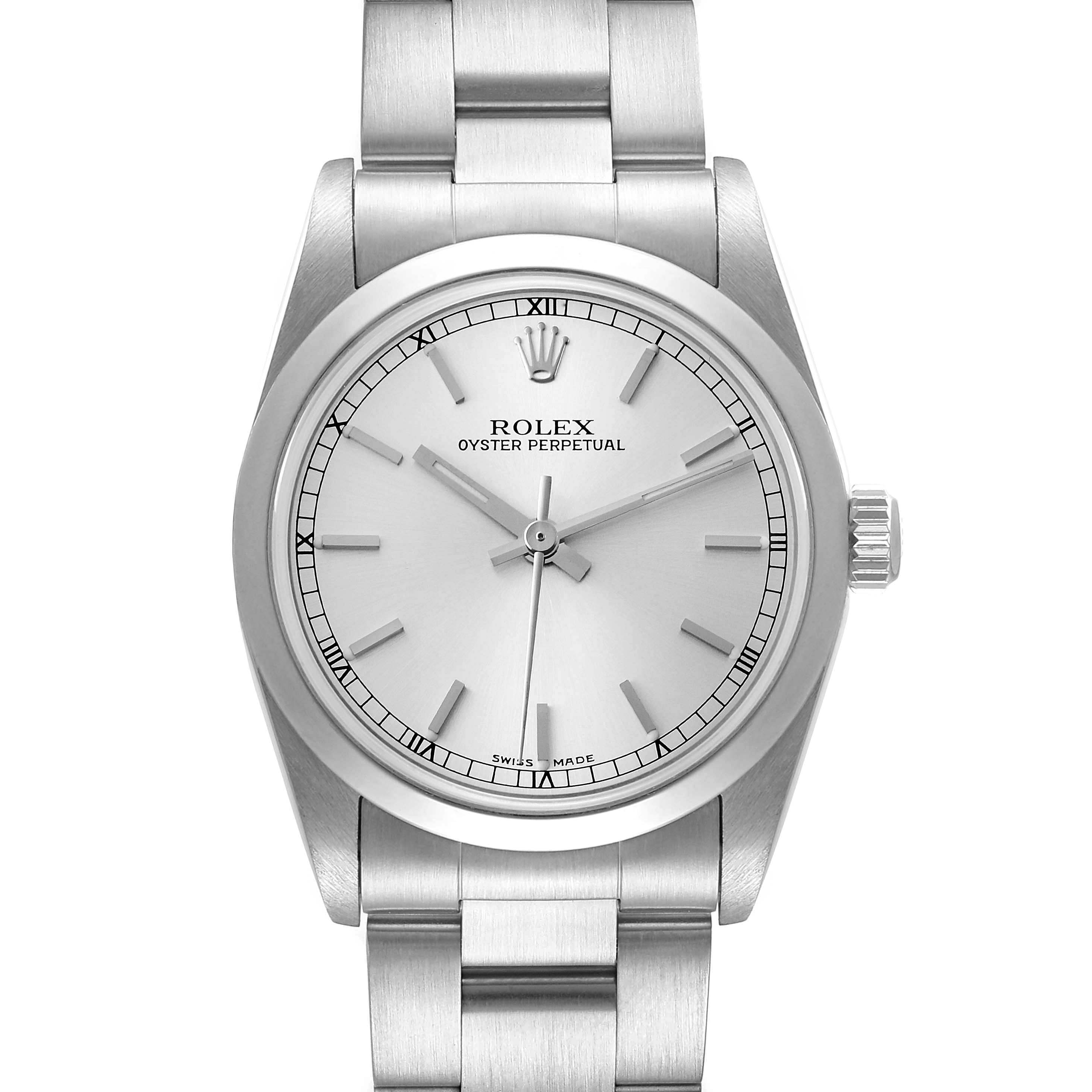 The image shows a frontal view of the Rolex Oyster Perpetual Mid-Size watch, highlighting its face, bezel, and bracelet.