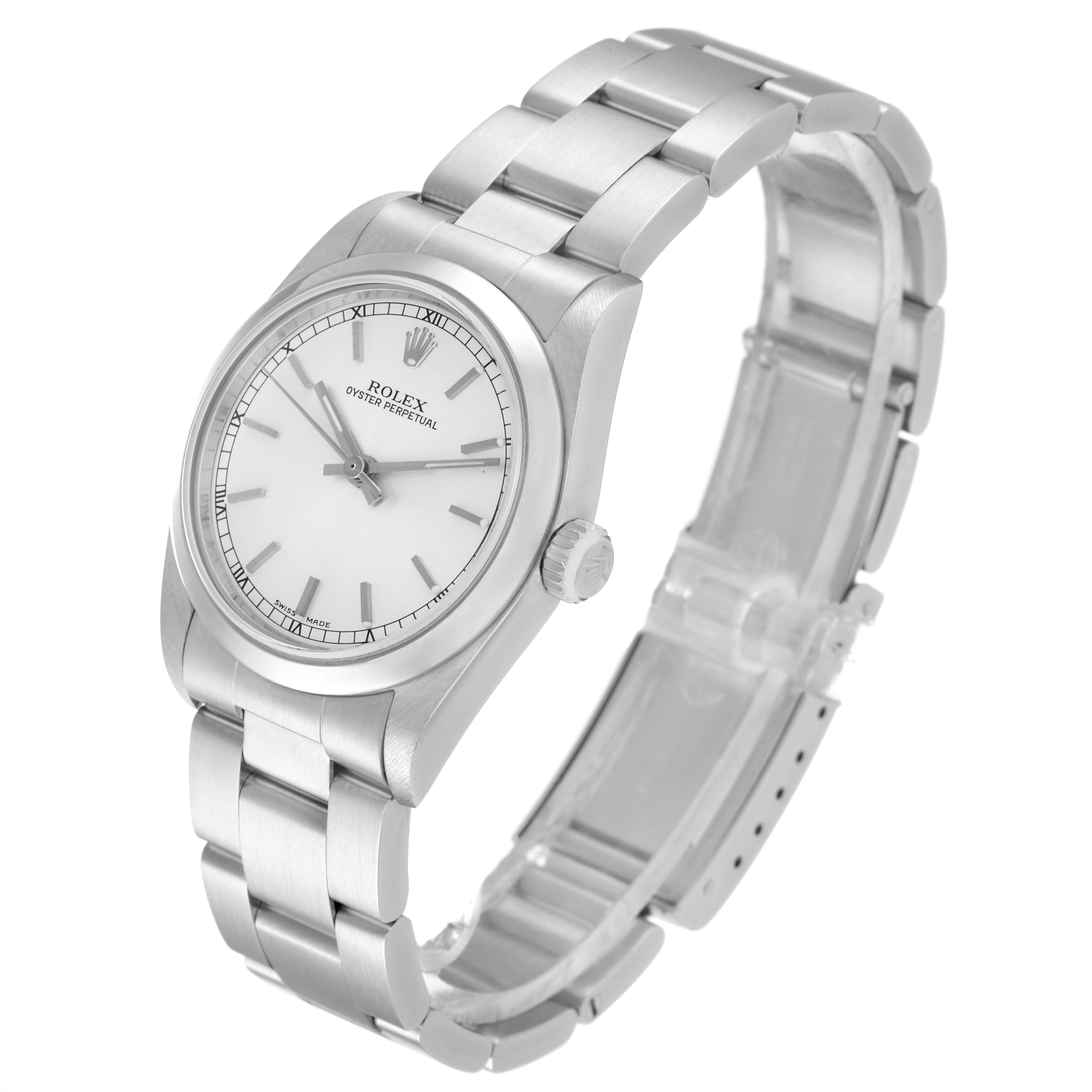 The Mid-Size Rolex watch is shown at a three-quarter angle, revealing the dial, case, crown, and bracelet.