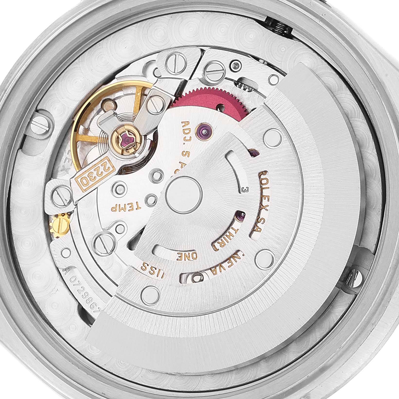 This image shows the intricate internal movement parts of a Rolex Mid-Size 77080 Women
s Stainless Steel Silver Dial 77080 Women
s Stainless Steel Silver Dial watch from a close-up angle.