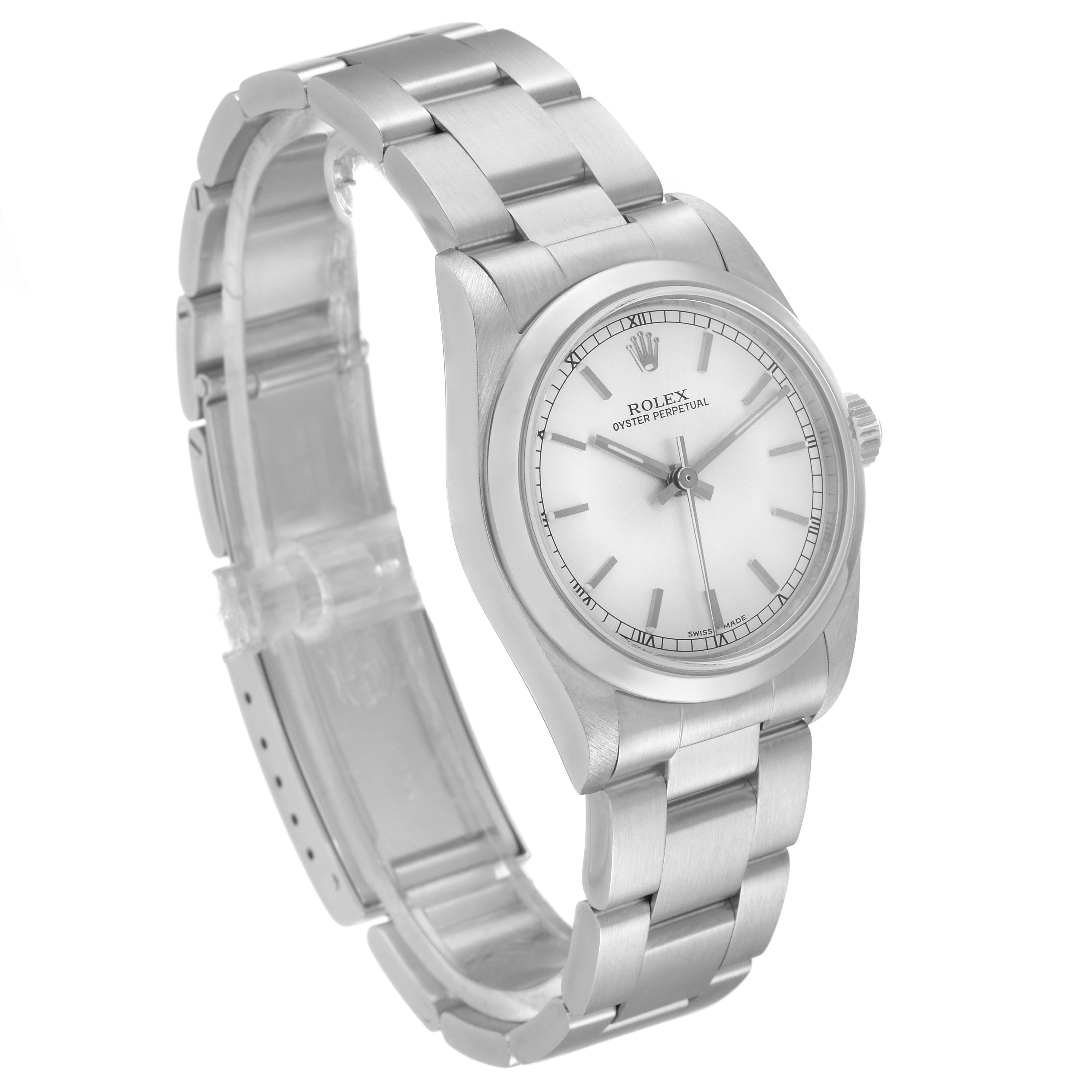 This image shows a Rolex Mid-Size 77080 Women
s Stainless Steel Silver Dial 77080 Women
s Stainless Steel Silver Dial Oyster Perpetual watch at an angle displaying the dial and bracelet.