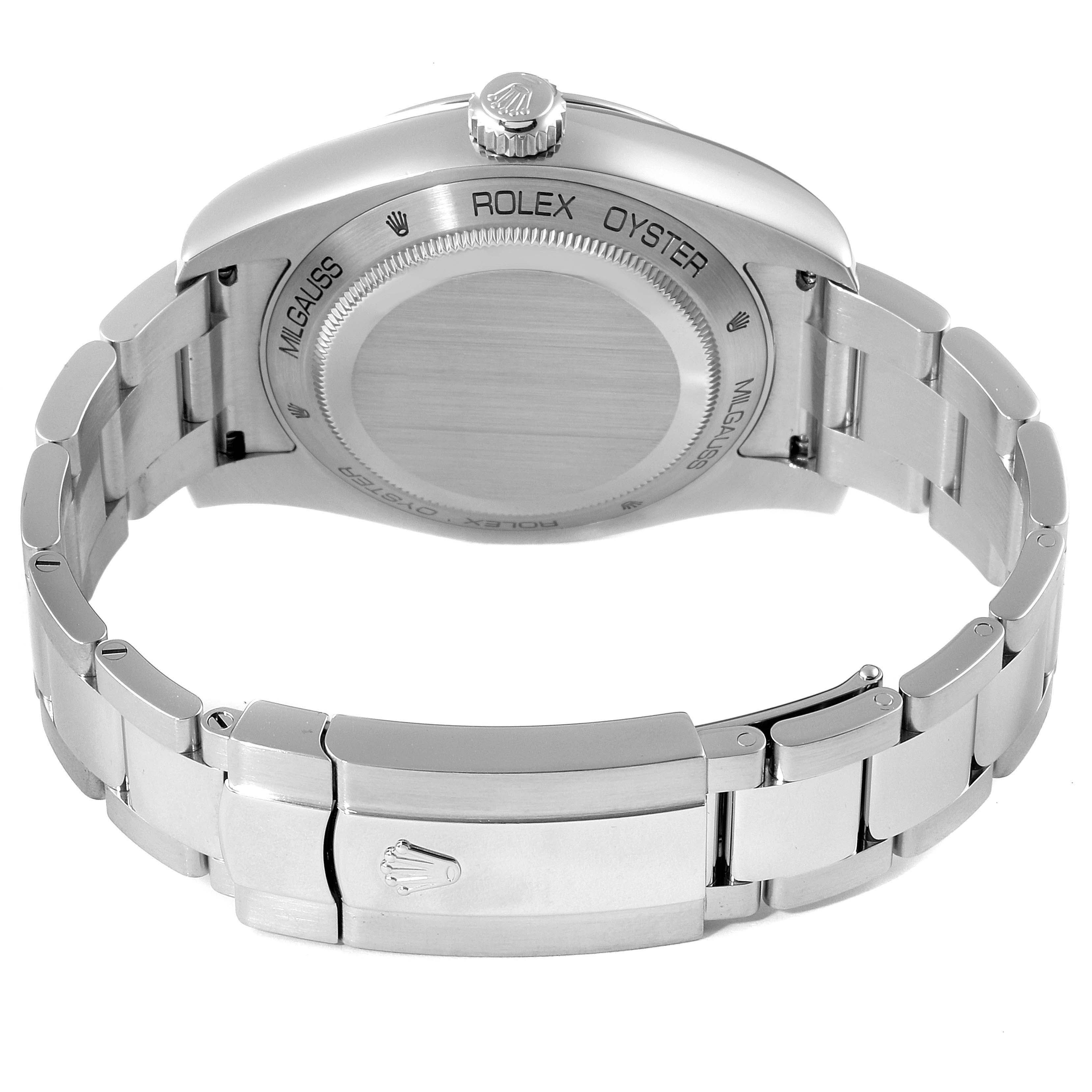 The image shows the back and clasp of the Rolex Milgauss 116400GV Men's Stainless Steel Blue Dial 116400GV Men's Stainless Steel Blue Dial watch, highlighting the case back and bracelet.