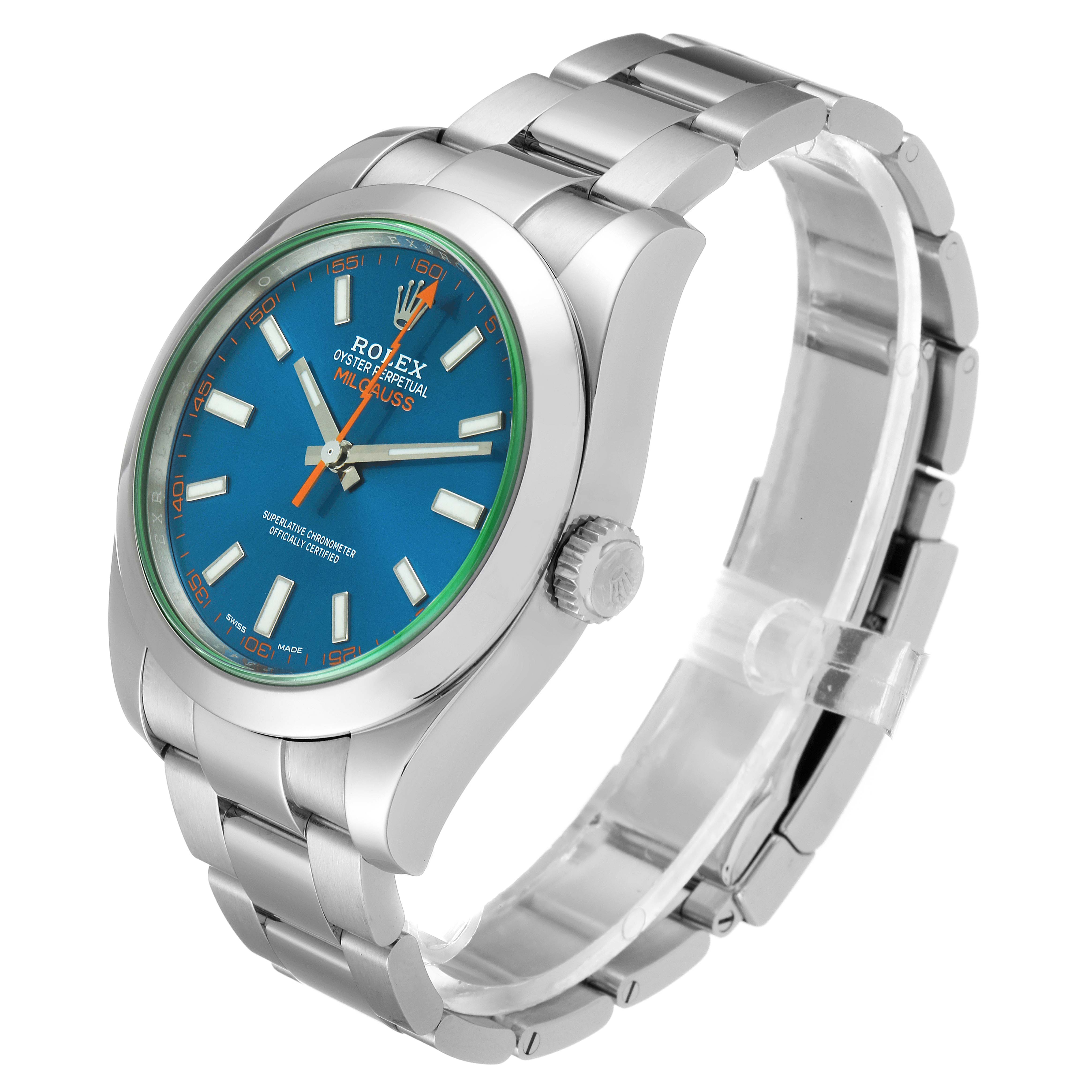 The Rolex Milgauss 116400GV Men's Stainless Steel Blue Dial 116400GV Men's Stainless Steel Blue Dial watch is shown from an angled front view, displaying its face, crown, and band.