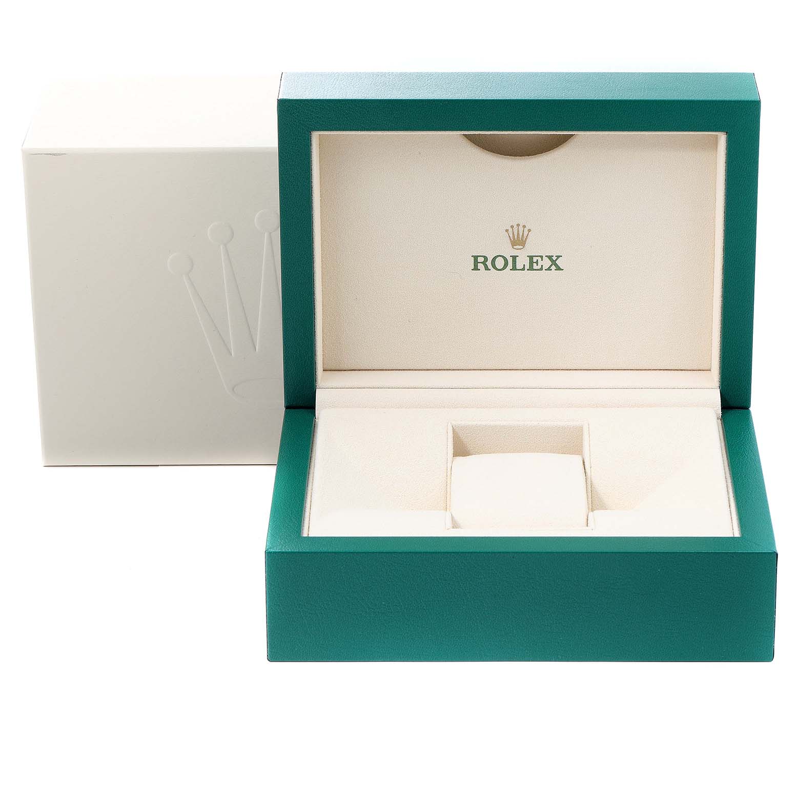 The image shows an open Rolex Milgauss 116400GV Men's Stainless Steel Blue Dial 116400GV Men's Stainless Steel Blue Dial watch box with green trim and beige interior, displaying the Rolex logo inside.