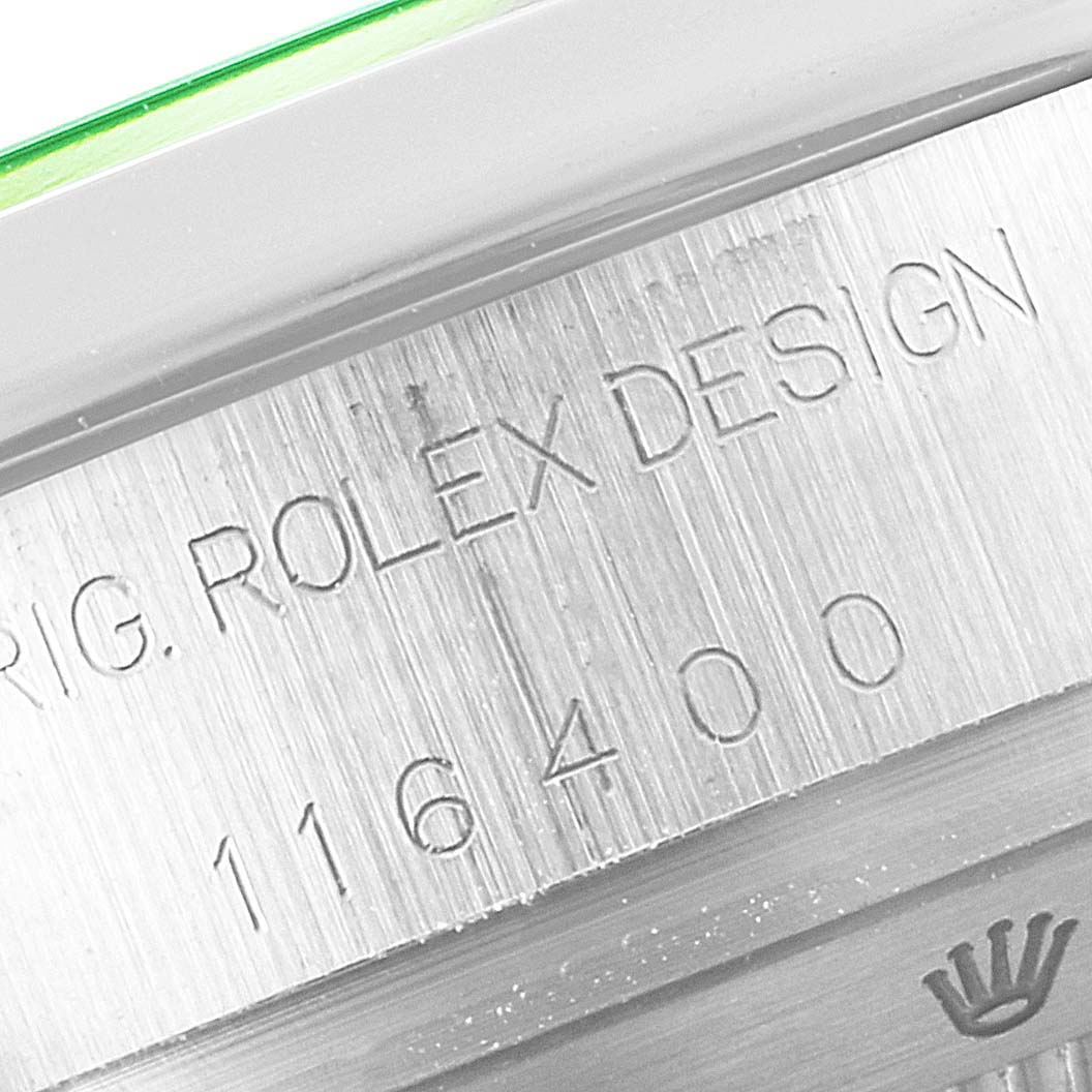 The image shows a close-up of the engraved casing and model number on the Rolex Milgauss 116400GV Men's Stainless Steel Blue Dial 116400GV Men's Stainless Steel Blue Dial watch.