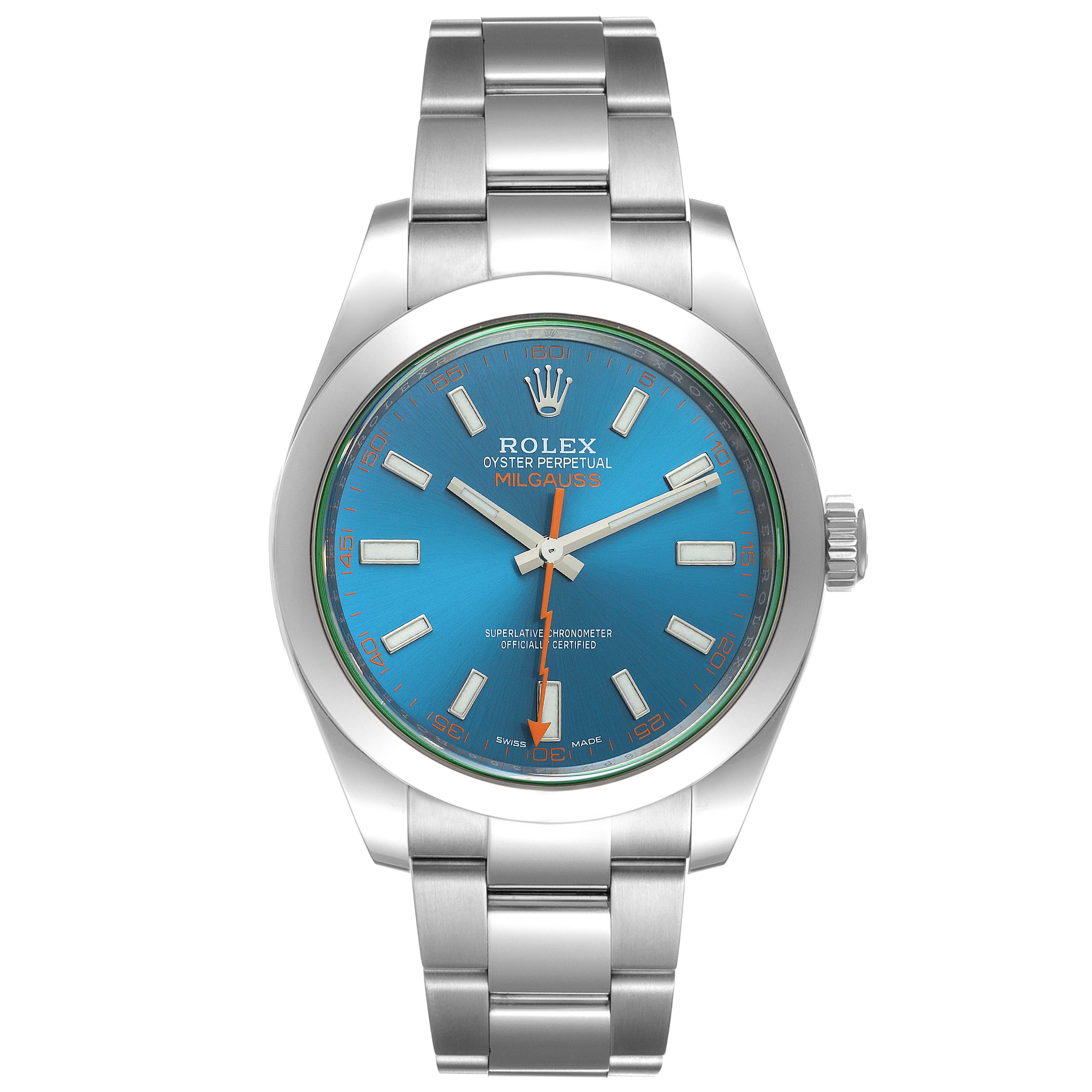 This image shows the front view of the Rolex Milgauss 116400GV Men's Stainless Steel Blue Dial 116400GV Men's Stainless Steel Blue Dial watch featuring its face, bezel, and bracelet.