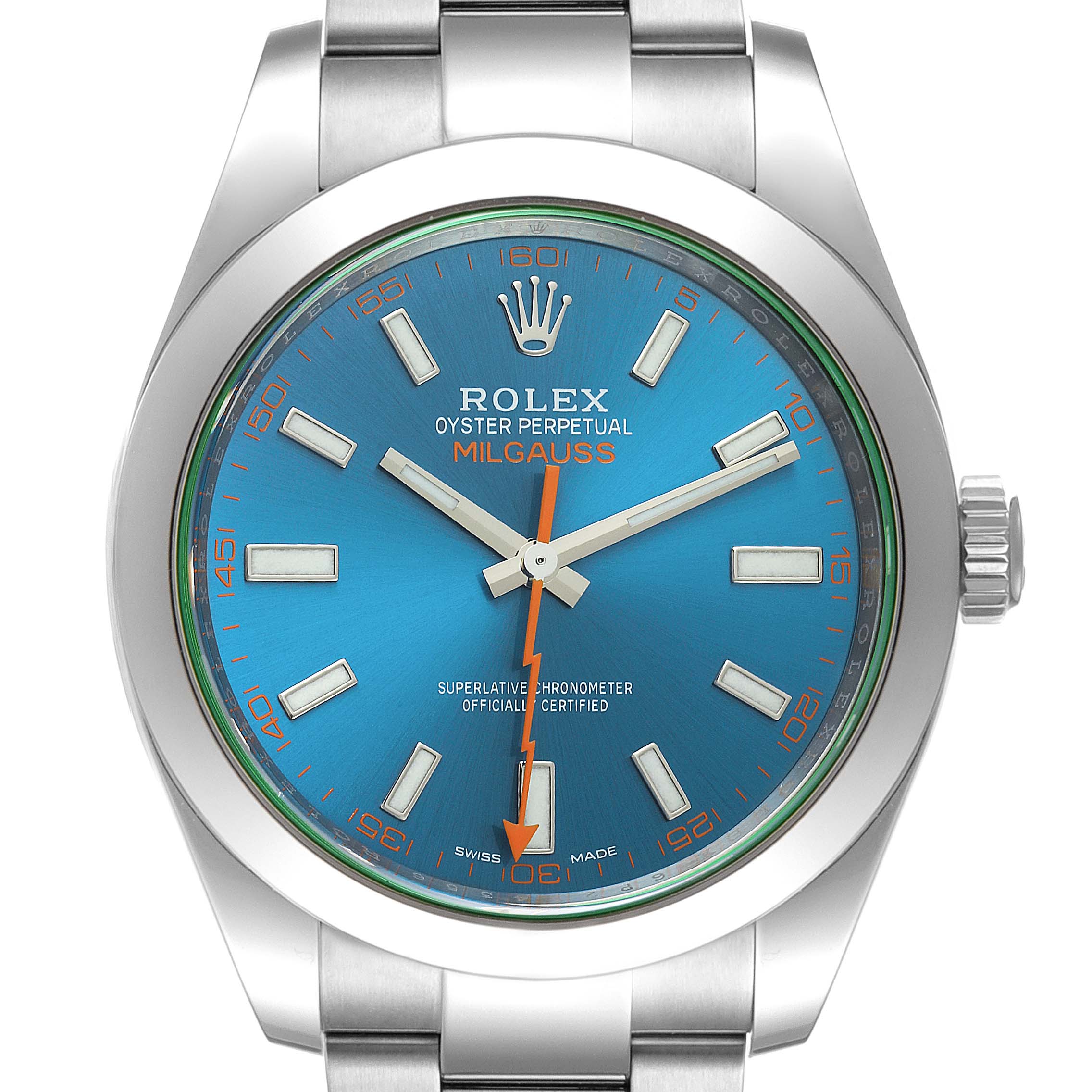The image shows a frontal view of the Rolex Milgauss 116400GV Men's Stainless Steel Blue Dial 116400GV Men's Stainless Steel Blue Dial watch, displaying the entire watch face and bracelet.
