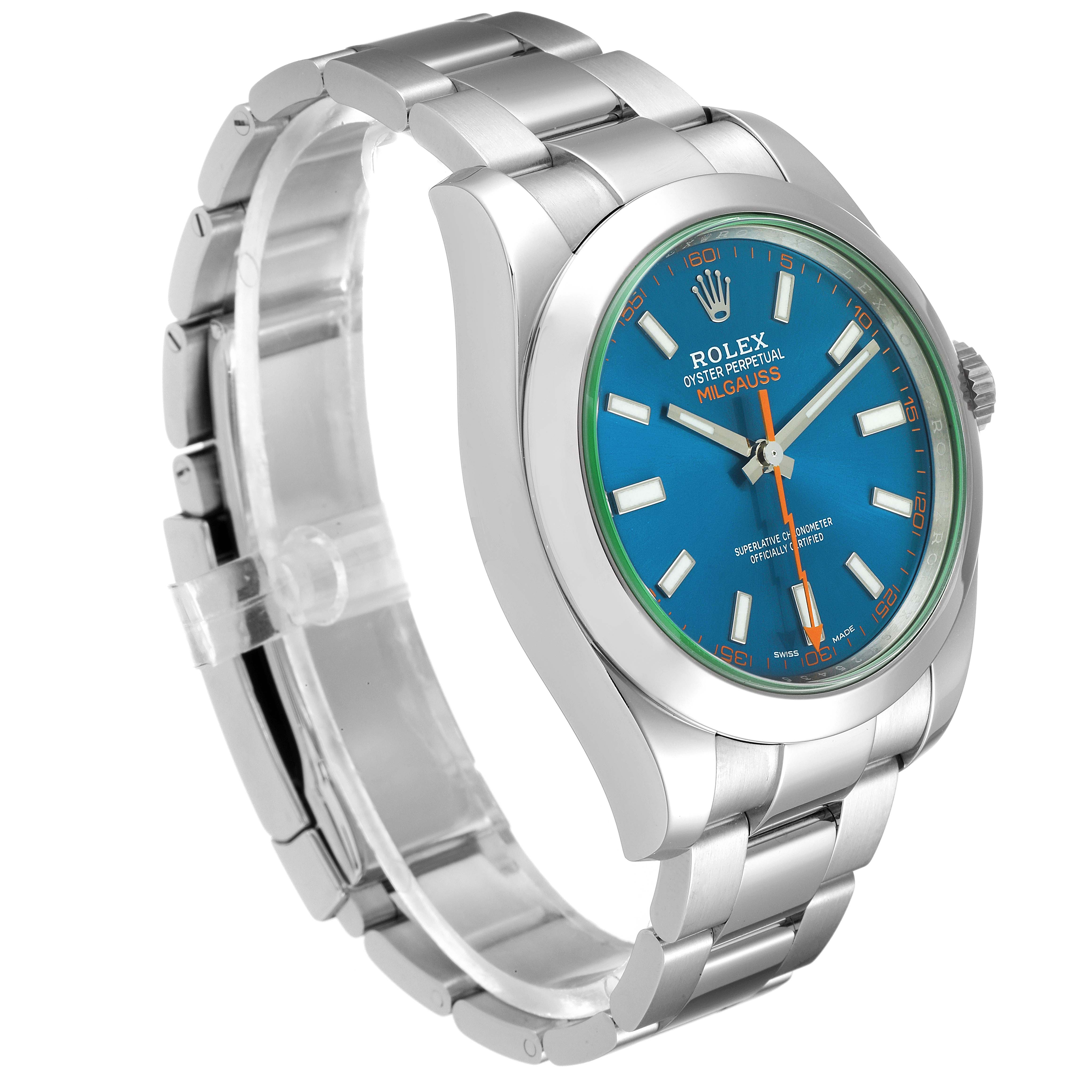 The image shows a Rolex Milgauss 116400GV Men's Stainless Steel Blue Dial 116400GV Men's Stainless Steel Blue Dial watch at a slightly angled side view, highlighting the blue dial, stainless steel case, and bracelet.