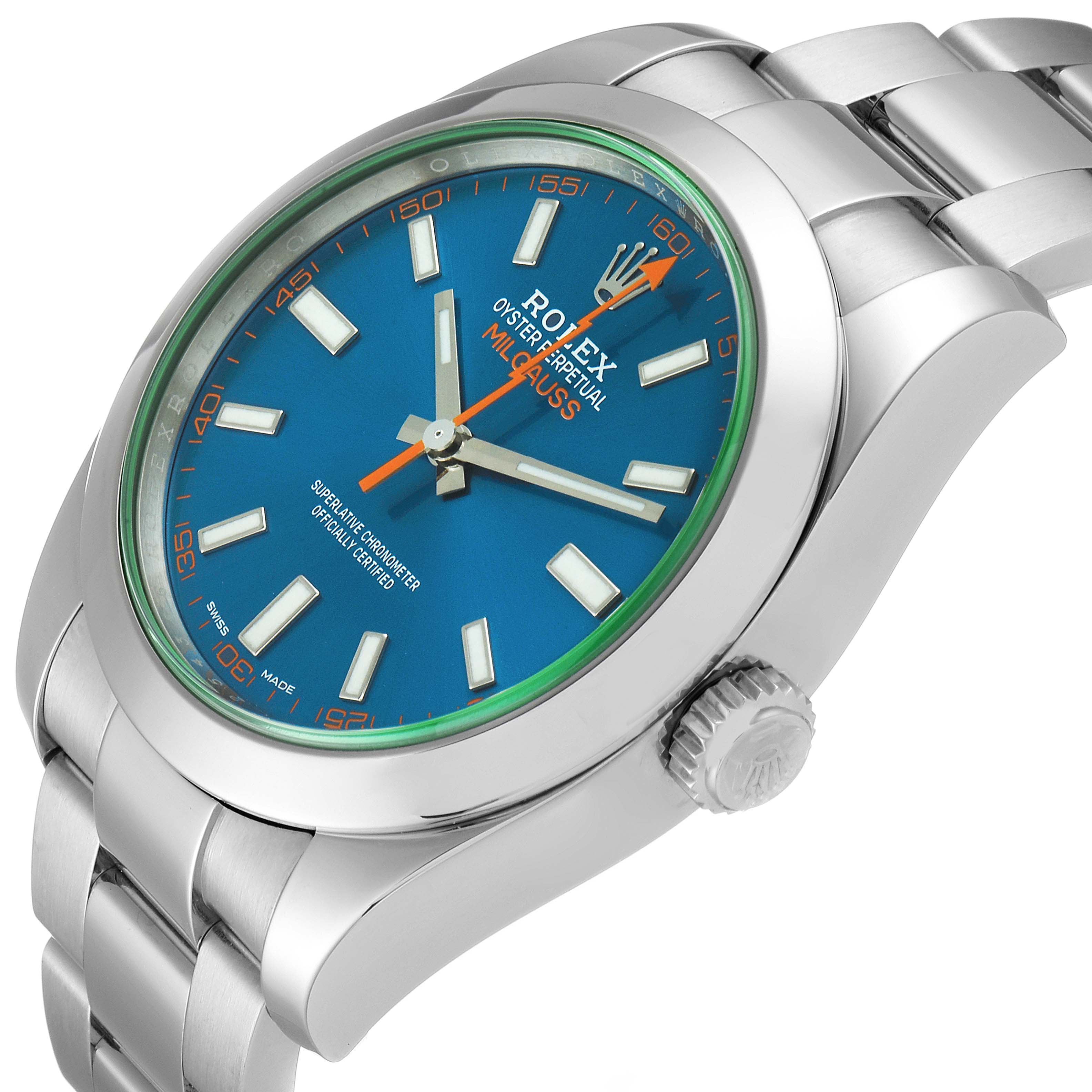 The image shows a Rolex Milgauss 116400GV Men's Stainless Steel Blue Dial 116400GV Men's Stainless Steel Blue Dial watch from an angled top view, displaying the dial, crown, and part of the bracelet.