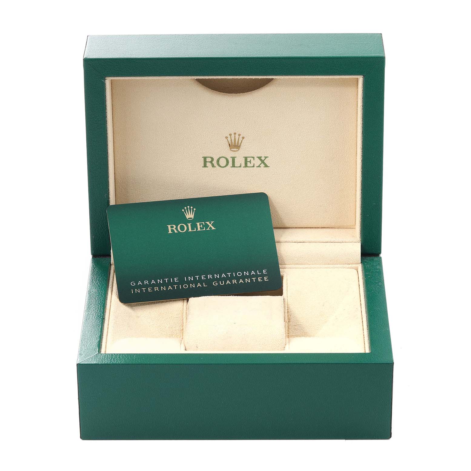 The image shows the open box and guarantee card of a Rolex Oyster Perpetual 124200 Men's Stainless Steel Silver Dial 124200 Men's Stainless Steel Silver Dial watch.