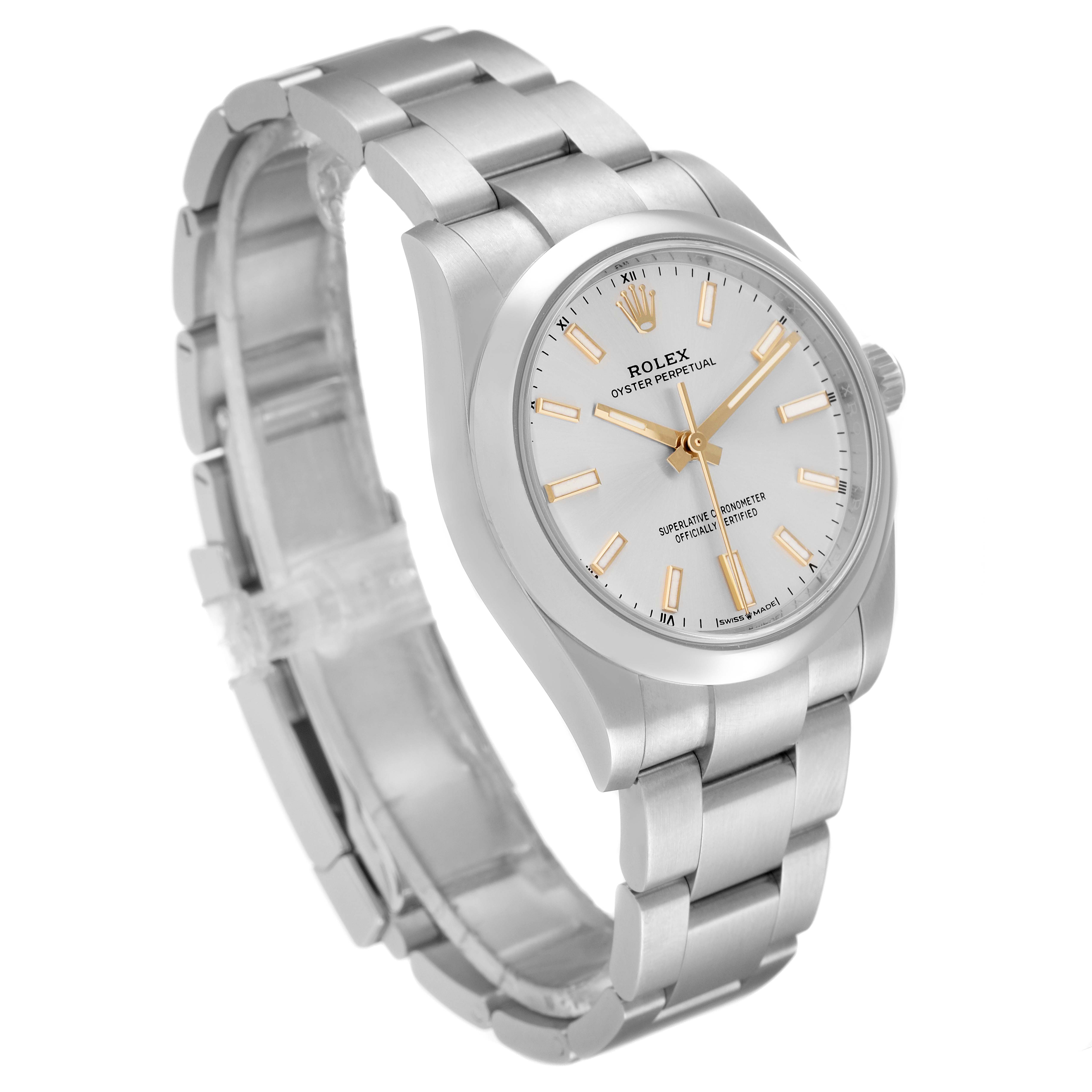 This image shows a Rolex Oyster Perpetual 124200 Men's Stainless Steel Silver Dial 124200 Men's Stainless Steel Silver Dial watch from a slight side angle, capturing the face, bezel, and bracelet.