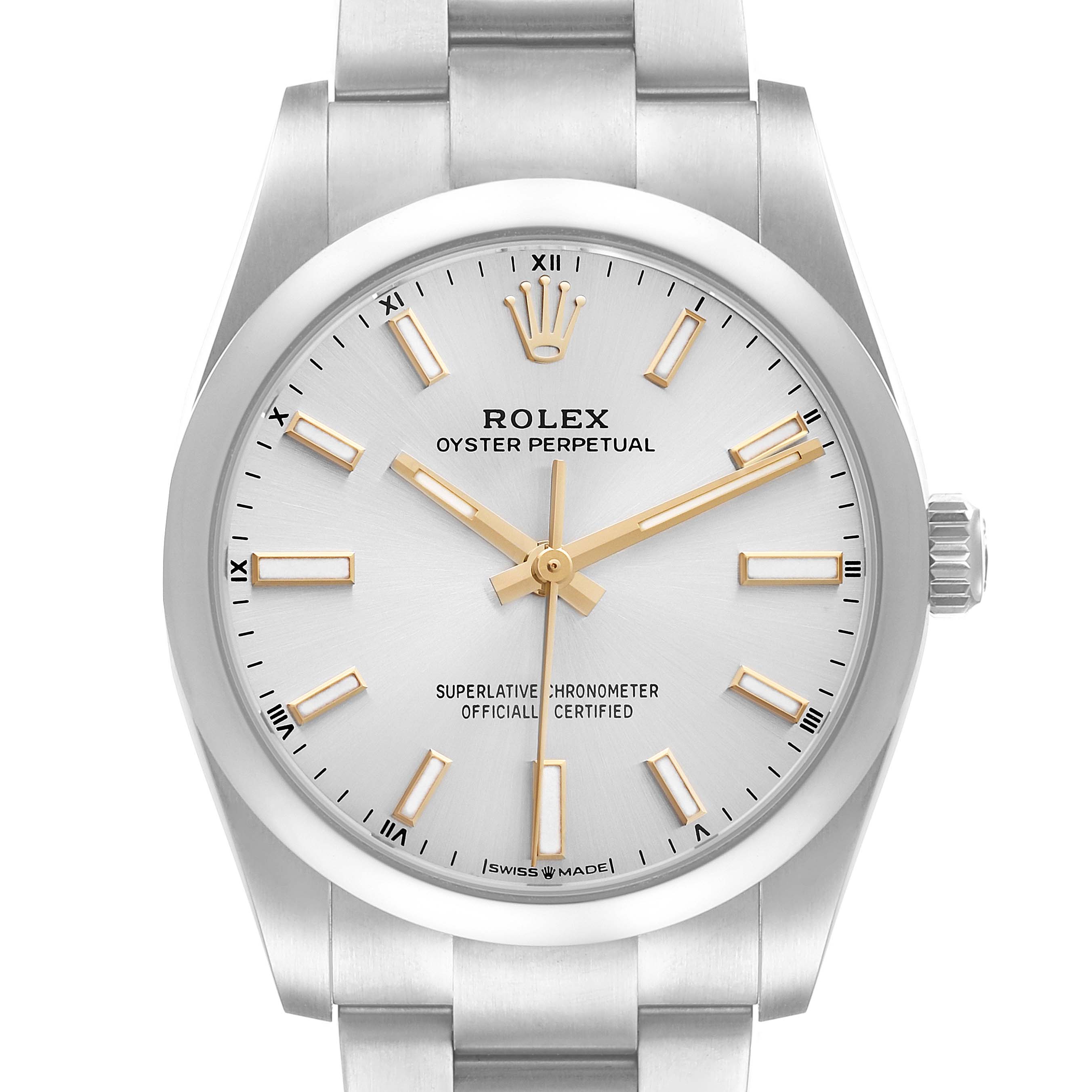 The image shows a front view of the Rolex Oyster Perpetual 124200 Men's Stainless Steel Silver Dial 124200 Men's Stainless Steel Silver Dial watch, highlighting the dial, hands, and part of the bracelet.