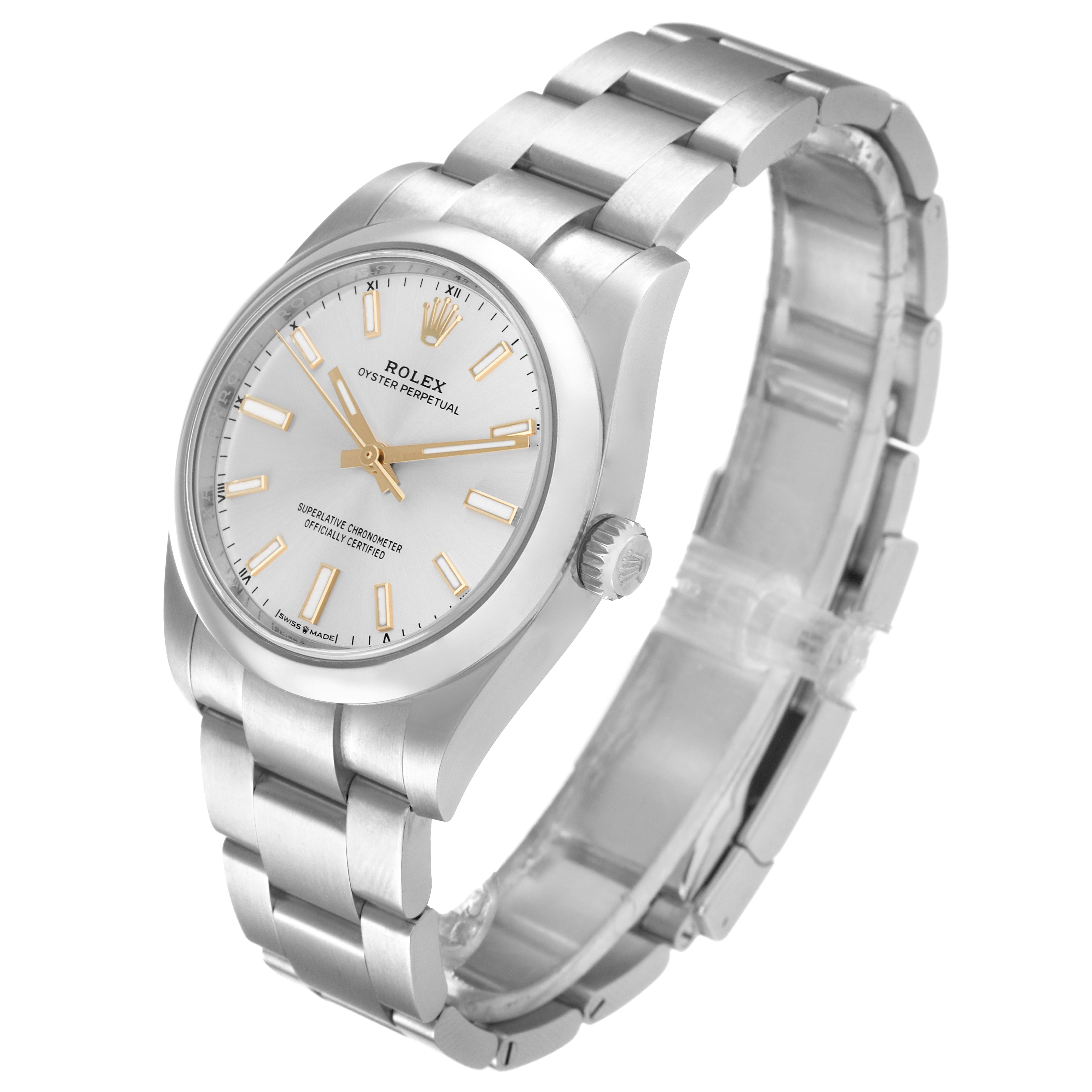 The image shows a Rolex Oyster Perpetual 124200 Men's Stainless Steel Silver Dial 124200 Men's Stainless Steel Silver Dial watch from an angled side view, featuring its dial, crown, and bracelet.