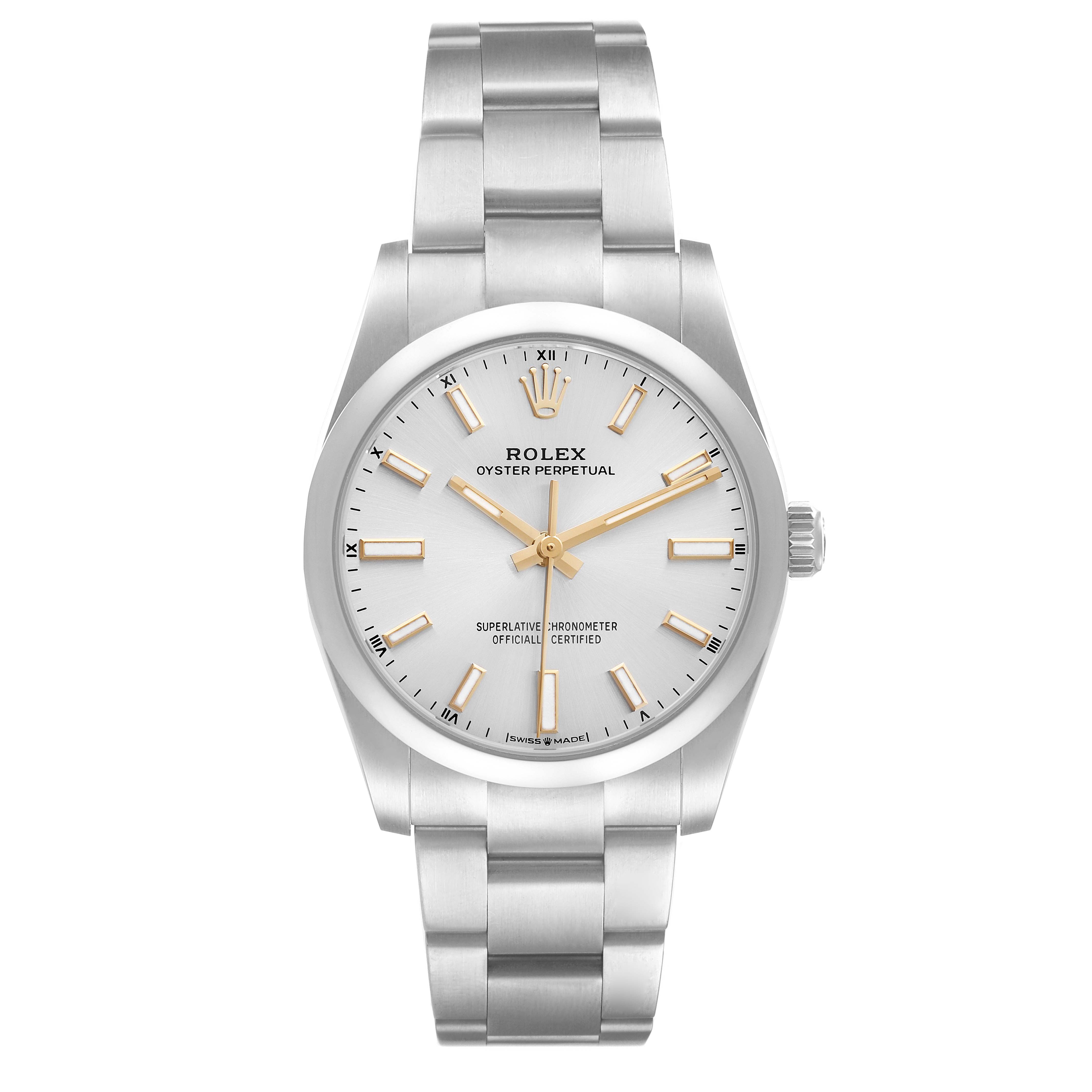 The image shows a front view of the Rolex Oyster Perpetual 124200 Men's Stainless Steel Silver Dial 124200 Men's Stainless Steel Silver Dial watch, displaying its dial, hands, and bracelet.