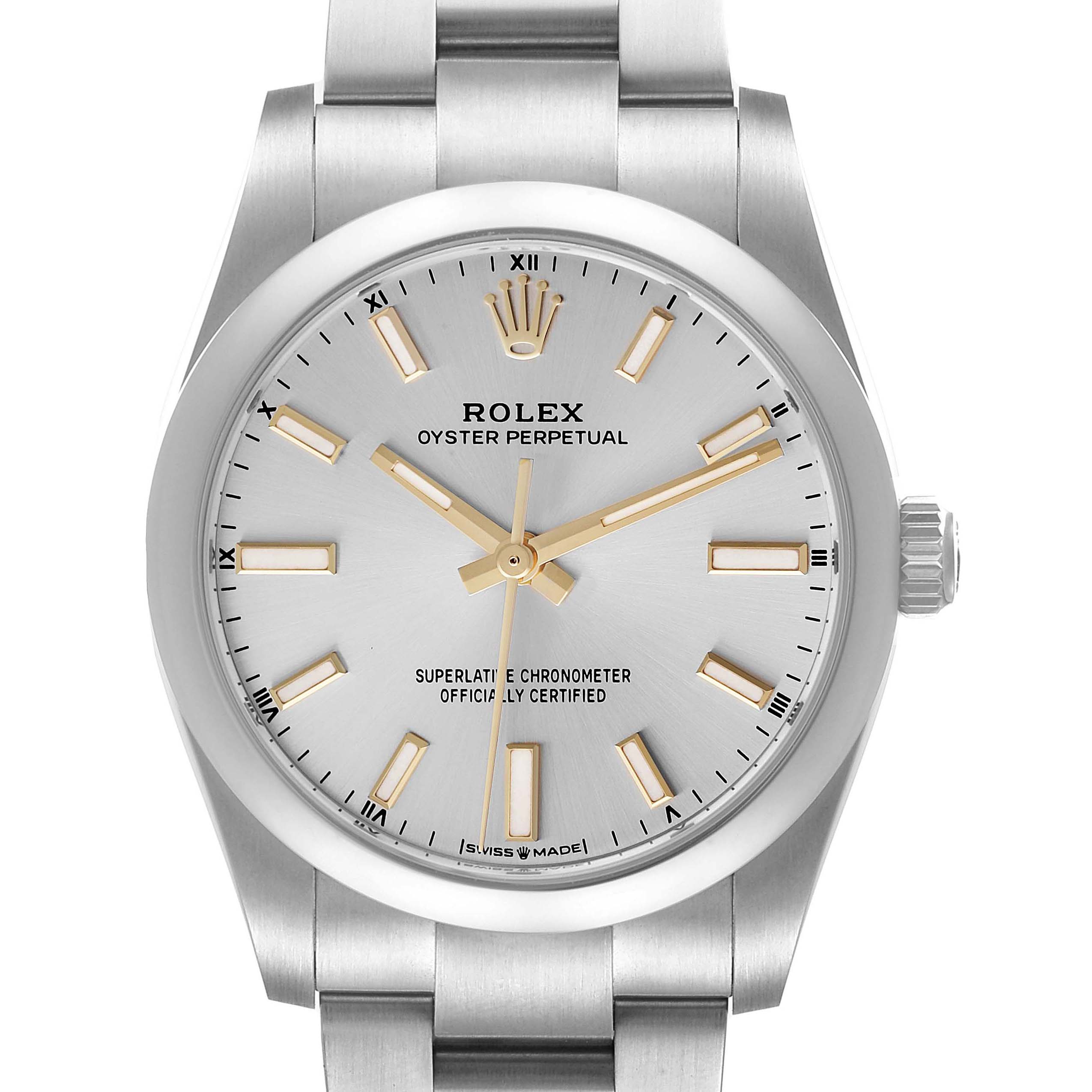The image shows a frontal view of a Rolex Oyster Perpetual 124200 Men's Stainless Steel Silver Dial 124200 Men's Stainless Steel Silver Dial watch, displaying the dial, hands, markers, and part of the stainless steel bracelet.