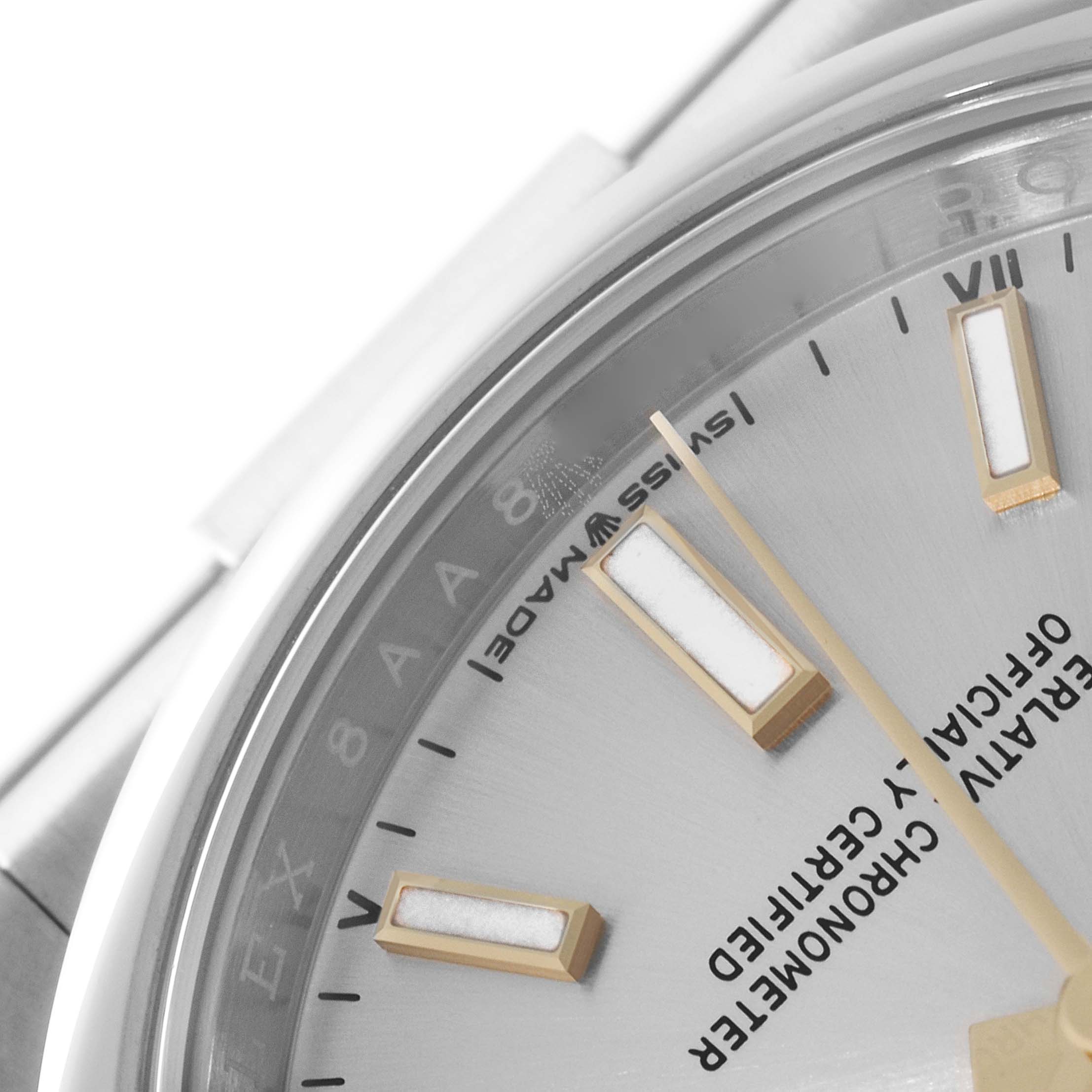 The image shows a close-up of the dial and part of the bezel of a Rolex Oyster Perpetual 124200 Men's Stainless Steel Silver Dial 124200 Men's Stainless Steel Silver Dial watch.