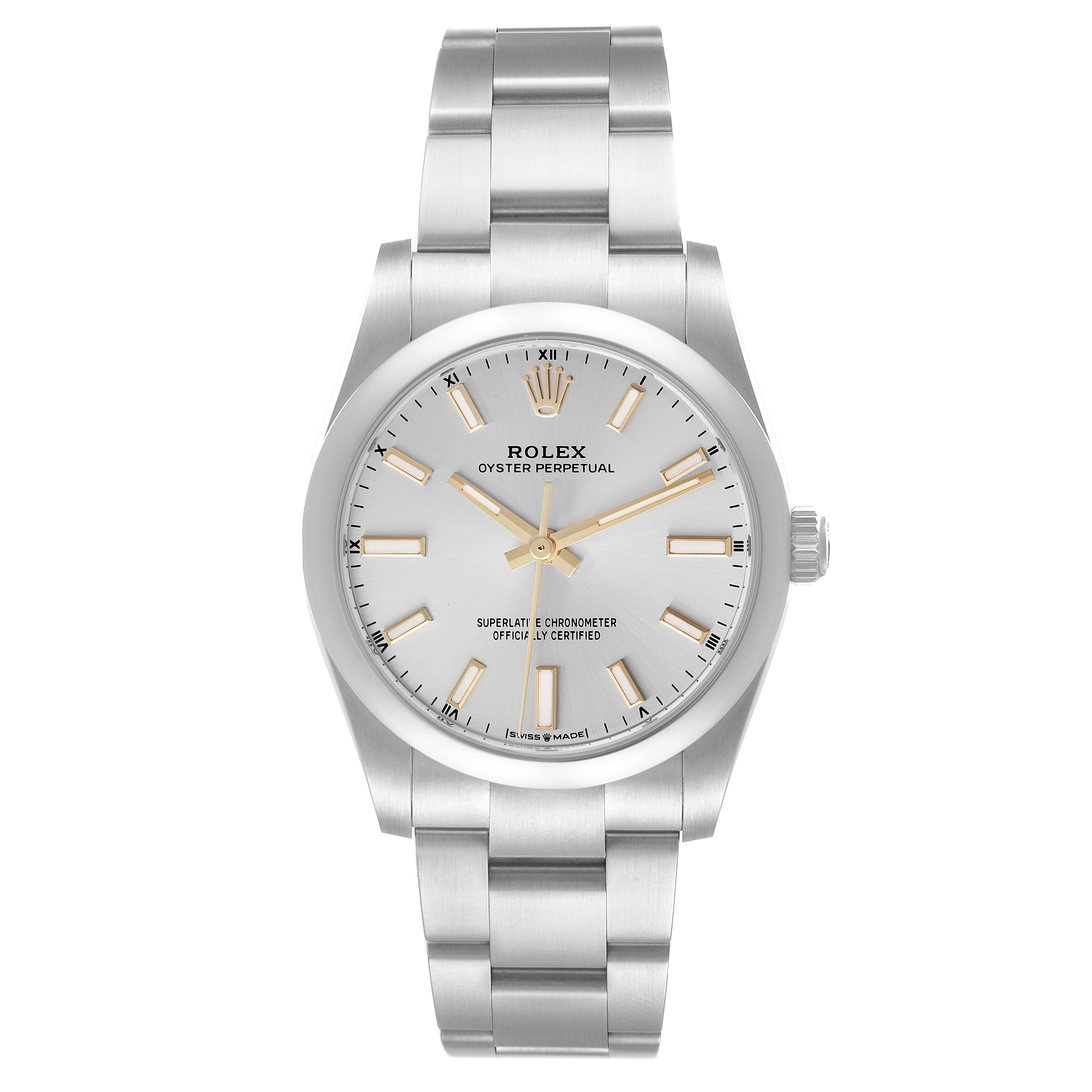 The Rolex Oyster Perpetual 124200 Men's Stainless Steel Silver Dial 124200 Men's Stainless Steel Silver Dial watch is shown in a front-facing angle, highlighting the dial, bezel, bracelet, and crown.