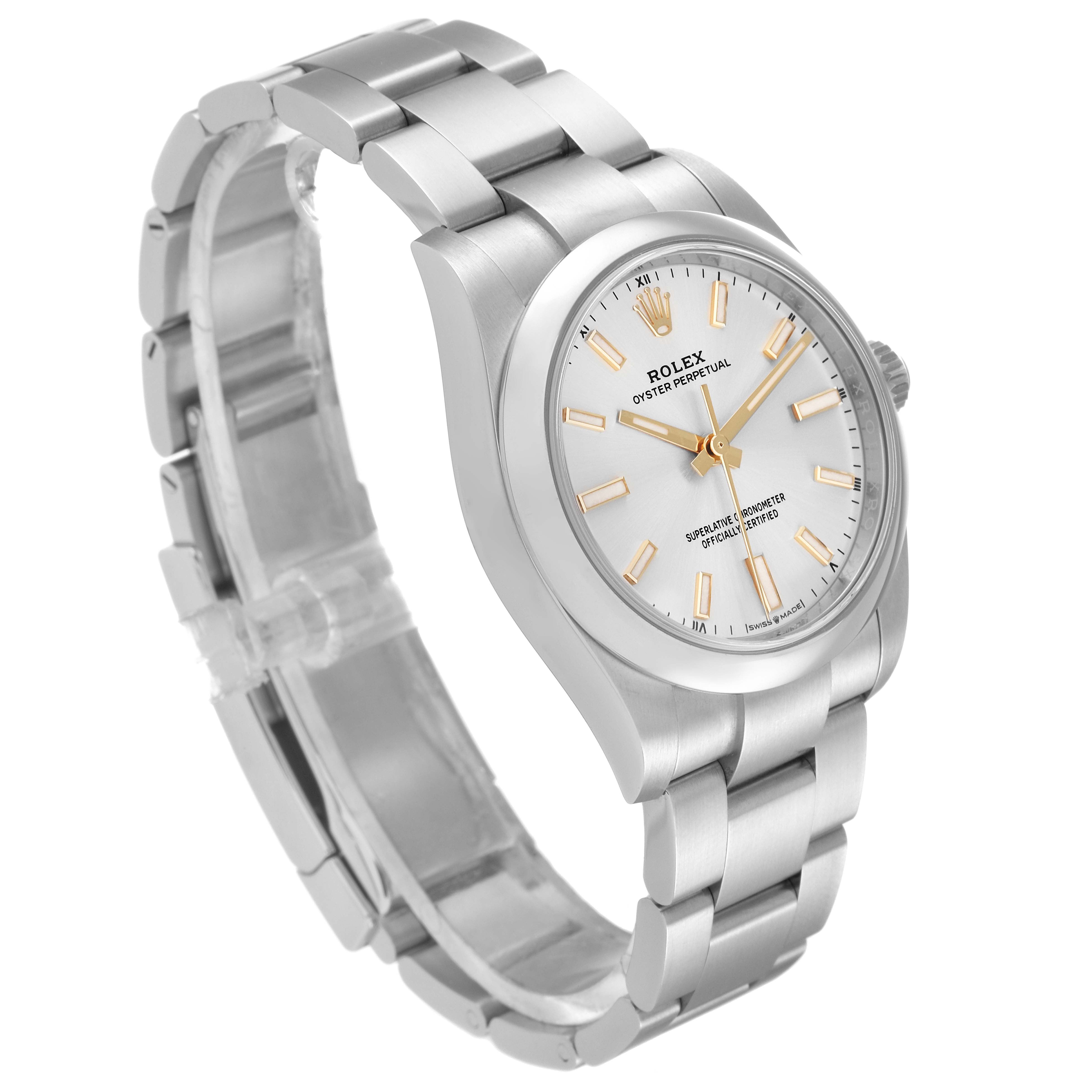 The image shows a Rolex Oyster Perpetual 124200 Men's Stainless Steel Silver Dial 124200 Men's Stainless Steel Silver Dial watch from a three-quarter angle, highlighting the face, band, and case.