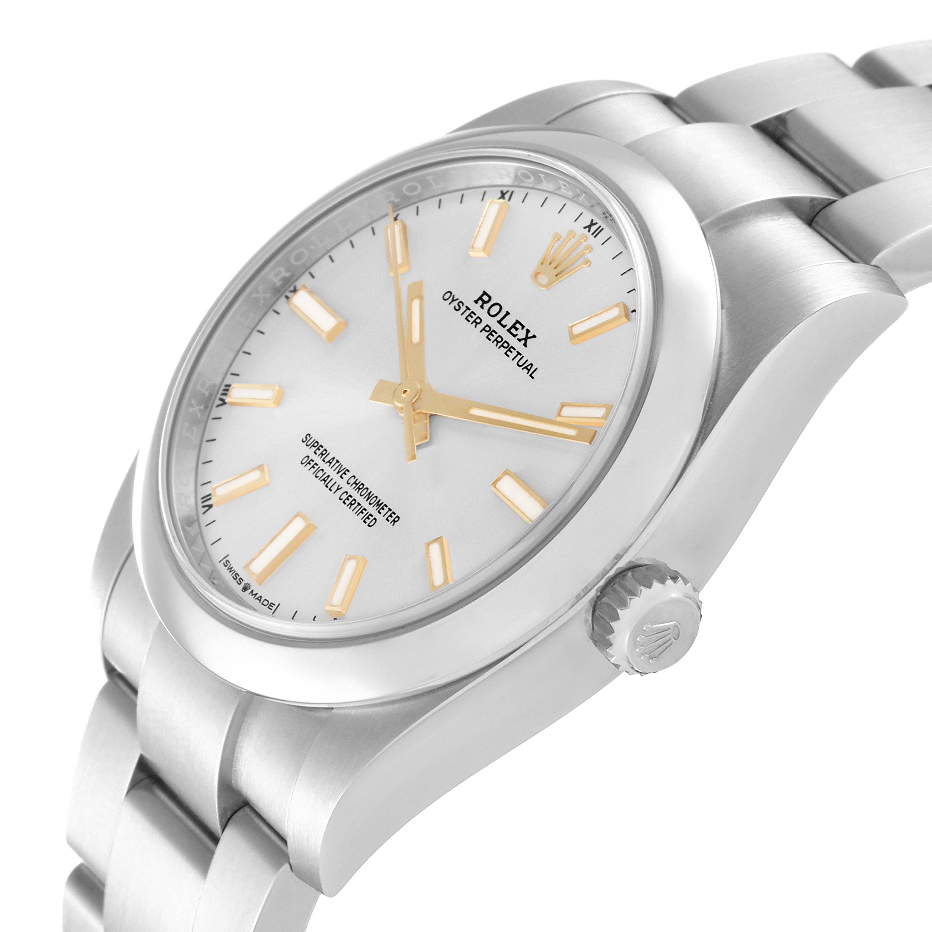 This image shows a side angle of the Rolex Oyster Perpetual 124200 Men's Stainless Steel Silver Dial 124200 Men's Stainless Steel Silver Dial watch, highlighting the dial, crown, and part of the bracelet.