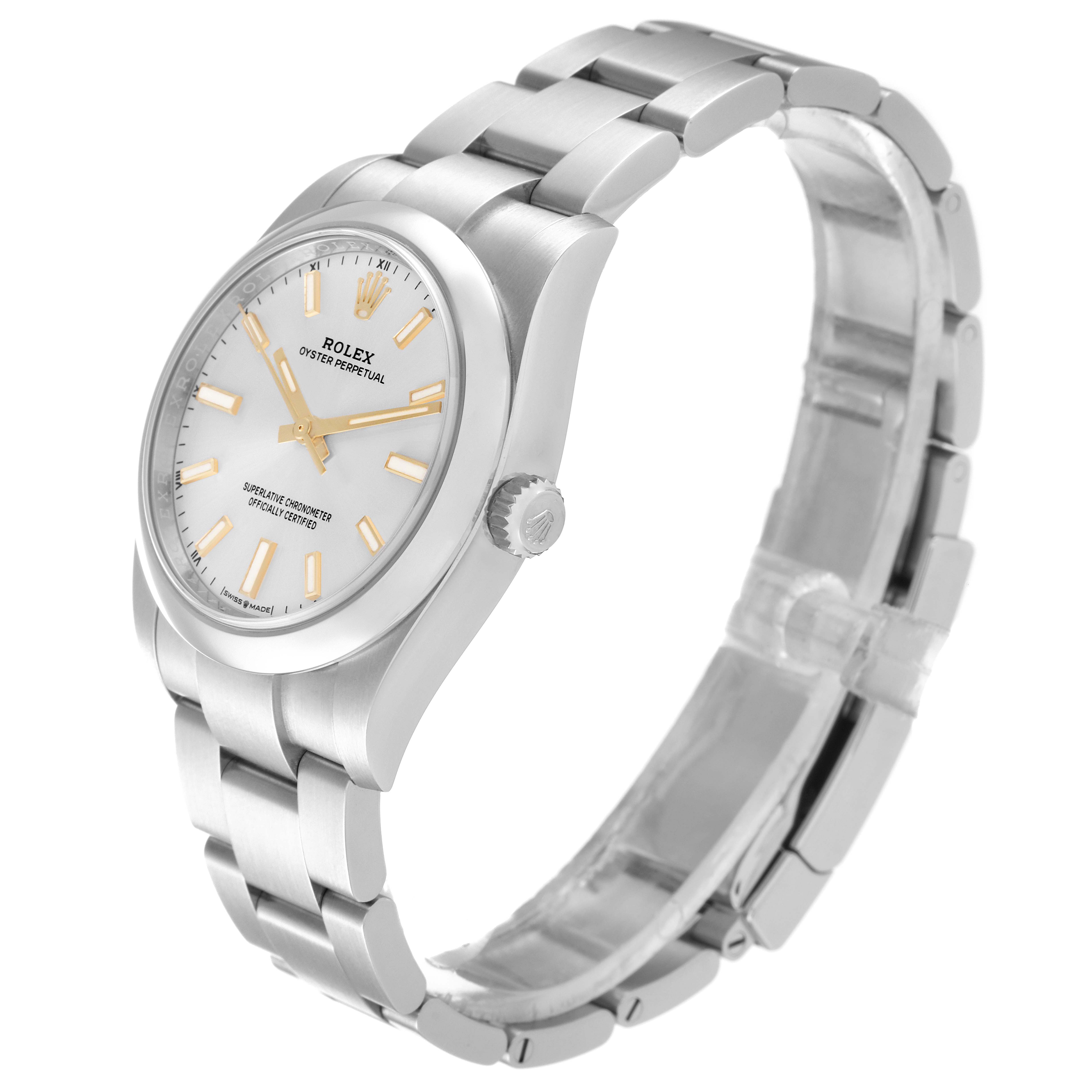 The image shows a side angle of a Rolex Oyster Perpetual 124200 Men's Stainless Steel Silver Dial 124200 Men's Stainless Steel Silver Dial watch, displaying its dial, case, crown, and bracelet.