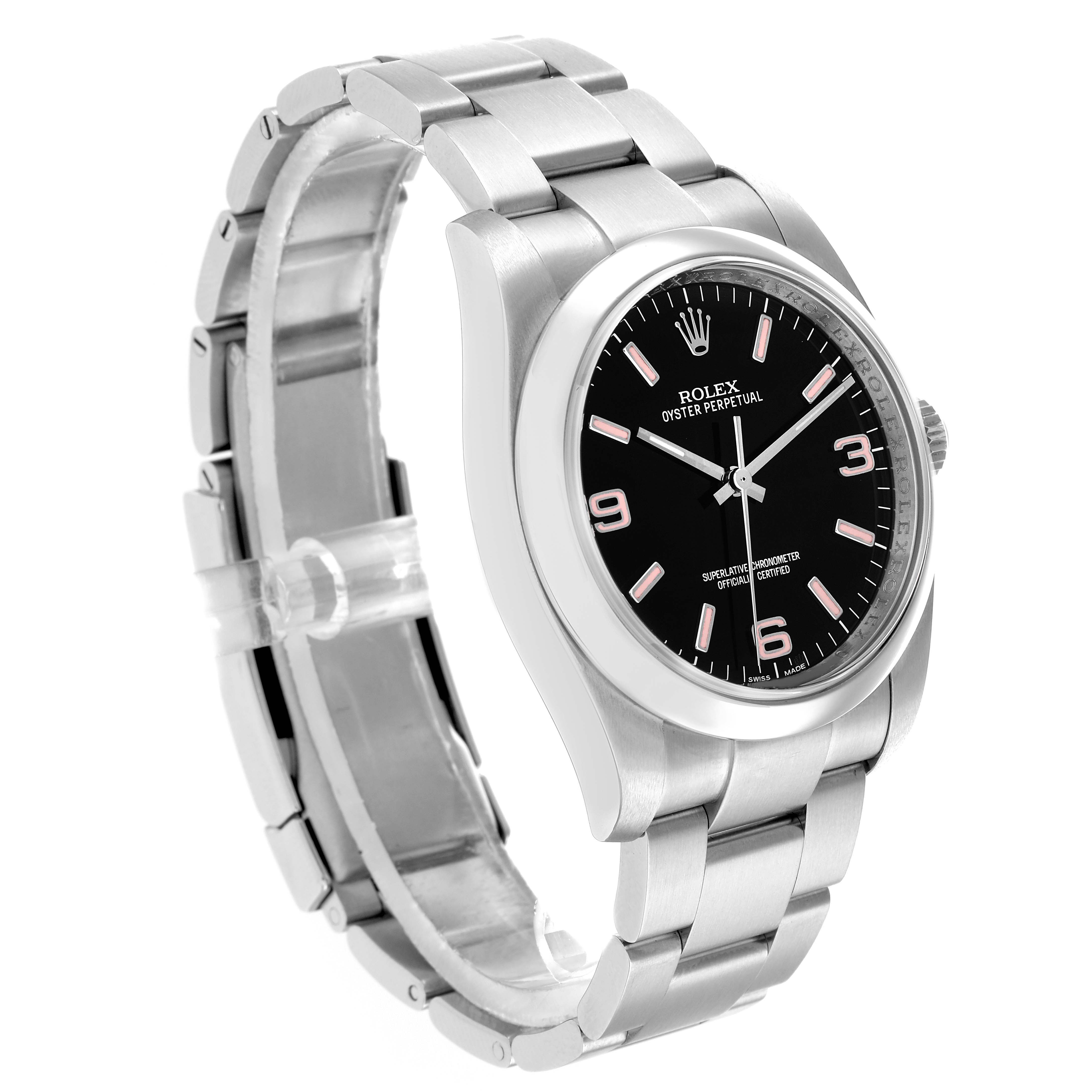 The Rolex Oyster Perpetual 116000 Men
s Stainless Steel Black Dial watch is shown at a three-quarter angle, displaying the face, bezel, bracelet, and side profile.