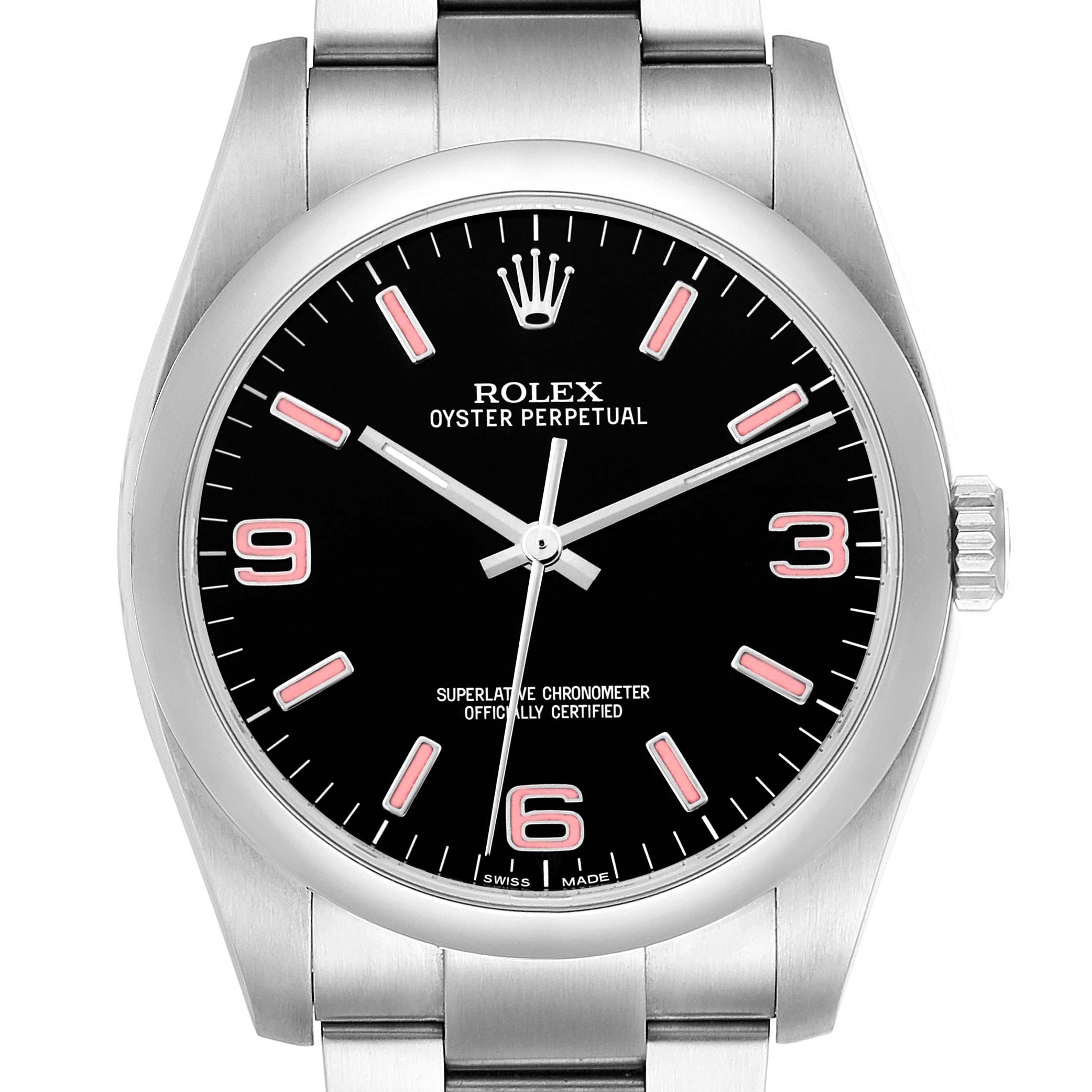 The Rolex Oyster Perpetual 116000 Men
s Stainless Steel Black Dial watch is shown from the front, displaying the dial, bezel, crown, and part of the bracelet.