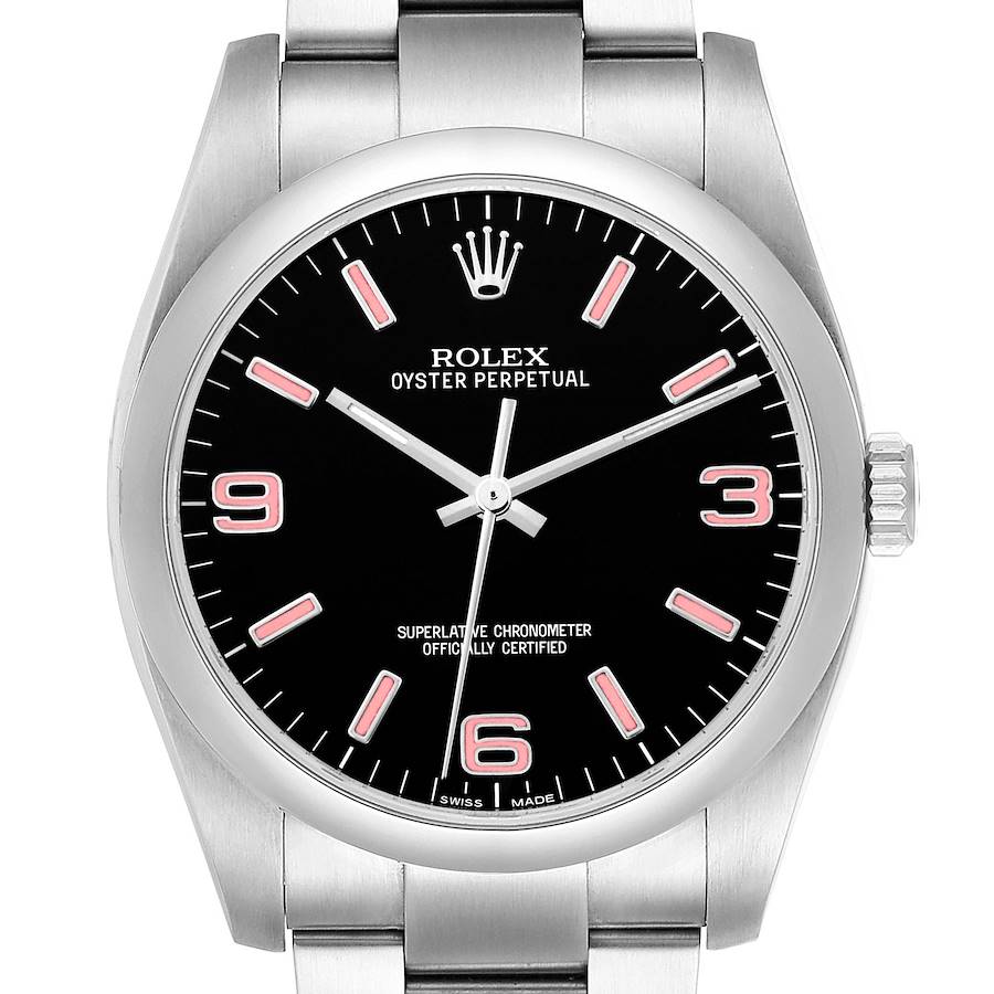 The Rolex Oyster Perpetual 116000 Men's Stainless Steel Black Dial watch is shown from the front, displaying the dial, bezel, crown, and part of the bracelet.