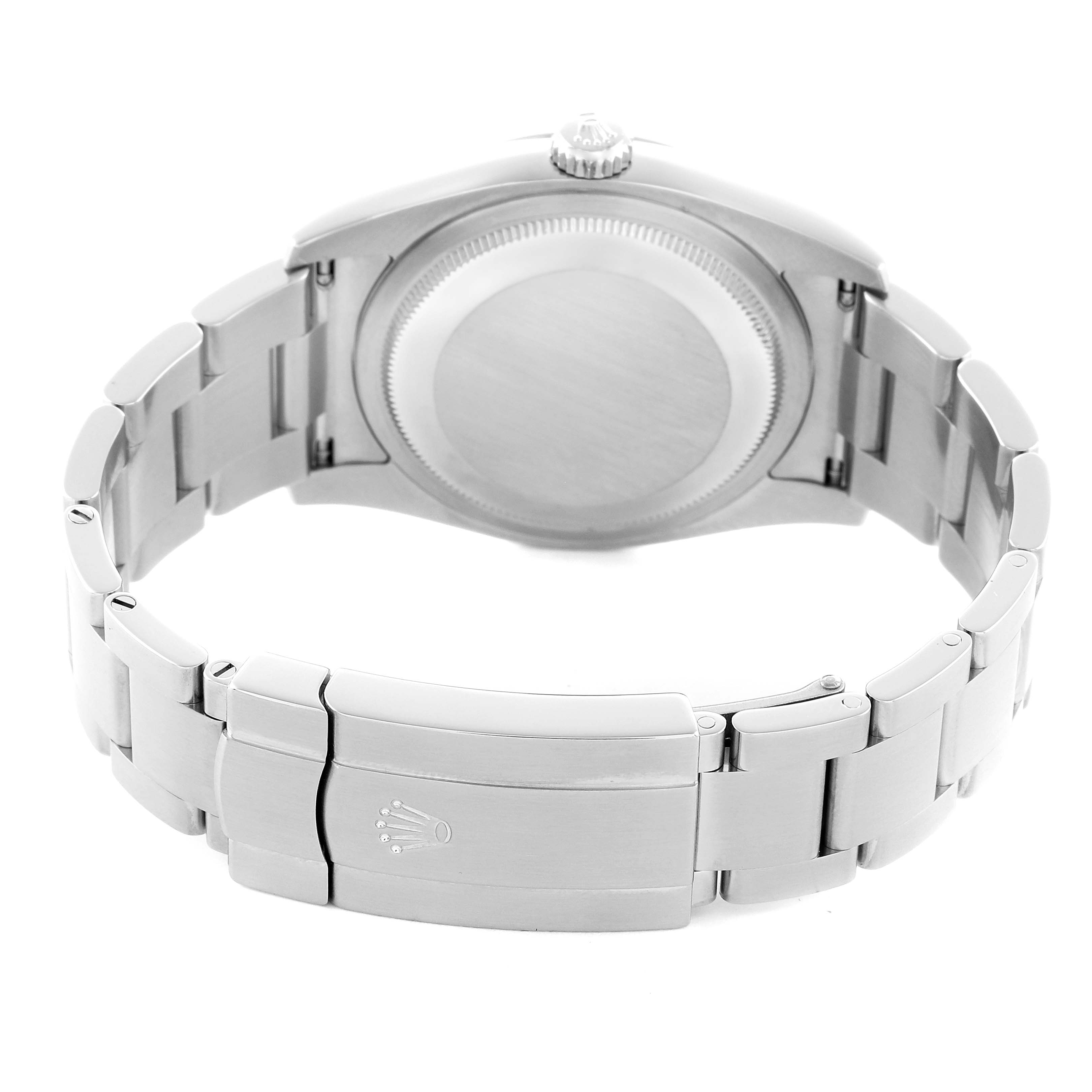 The image shows the back side of a Rolex Oyster Perpetual 116000 Men
s Stainless Steel Black Dial watch, highlighting the case back, bracelet, and clasp.