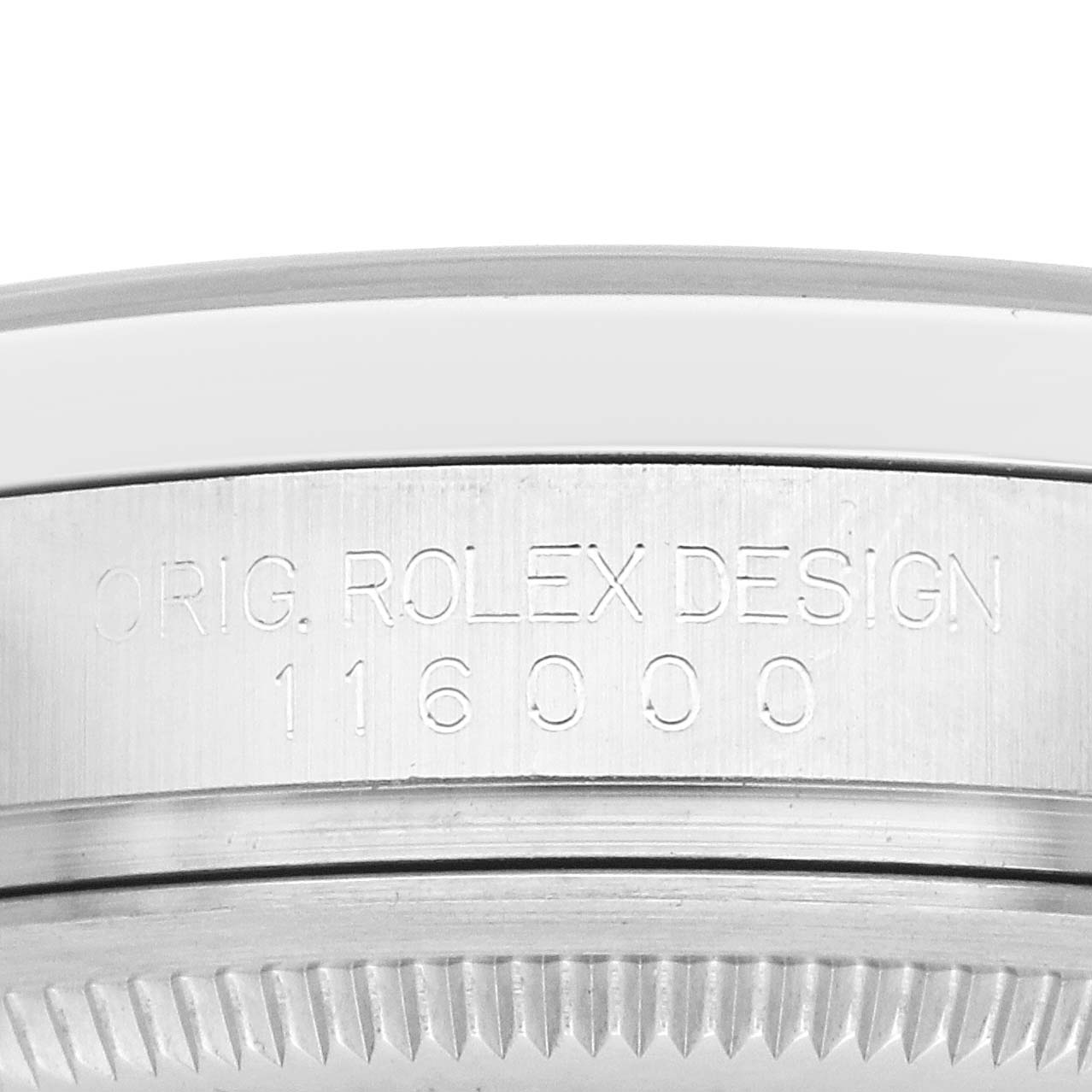 The image shows a close-up of the case side of a Rolex Oyster Perpetual 116000 Men
s Stainless Steel Black Dial, highlighting the "Orig. Rolex Design" engraving.