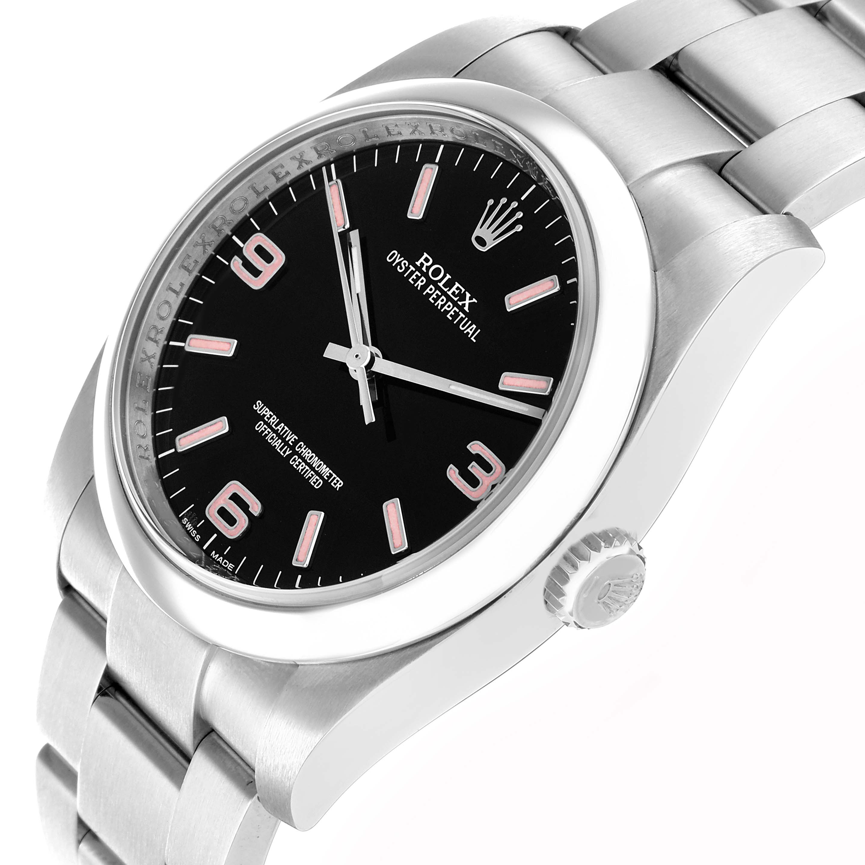 The Rolex Oyster Perpetual 116000 Men
s Stainless Steel Black Dial watch is shown at an angled side view, highlighting the face, crown, and bracelet links.