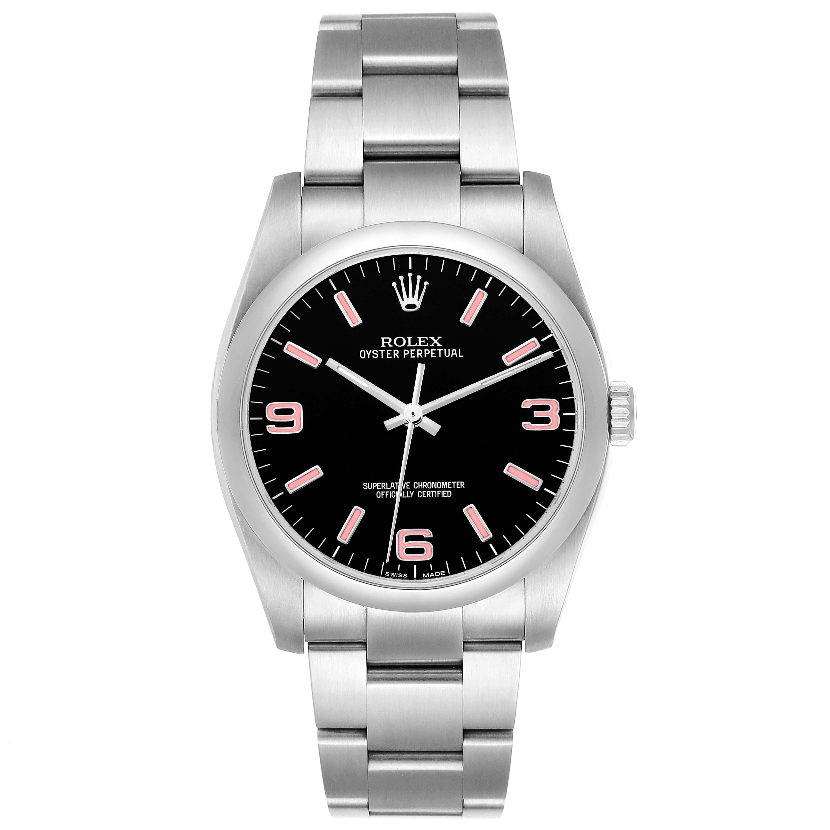 The Rolex Oyster Perpetual 116000 Men
s Stainless Steel Black Dial watch is shown from a front angle, highlighting the dial, bezel, and bracelet.