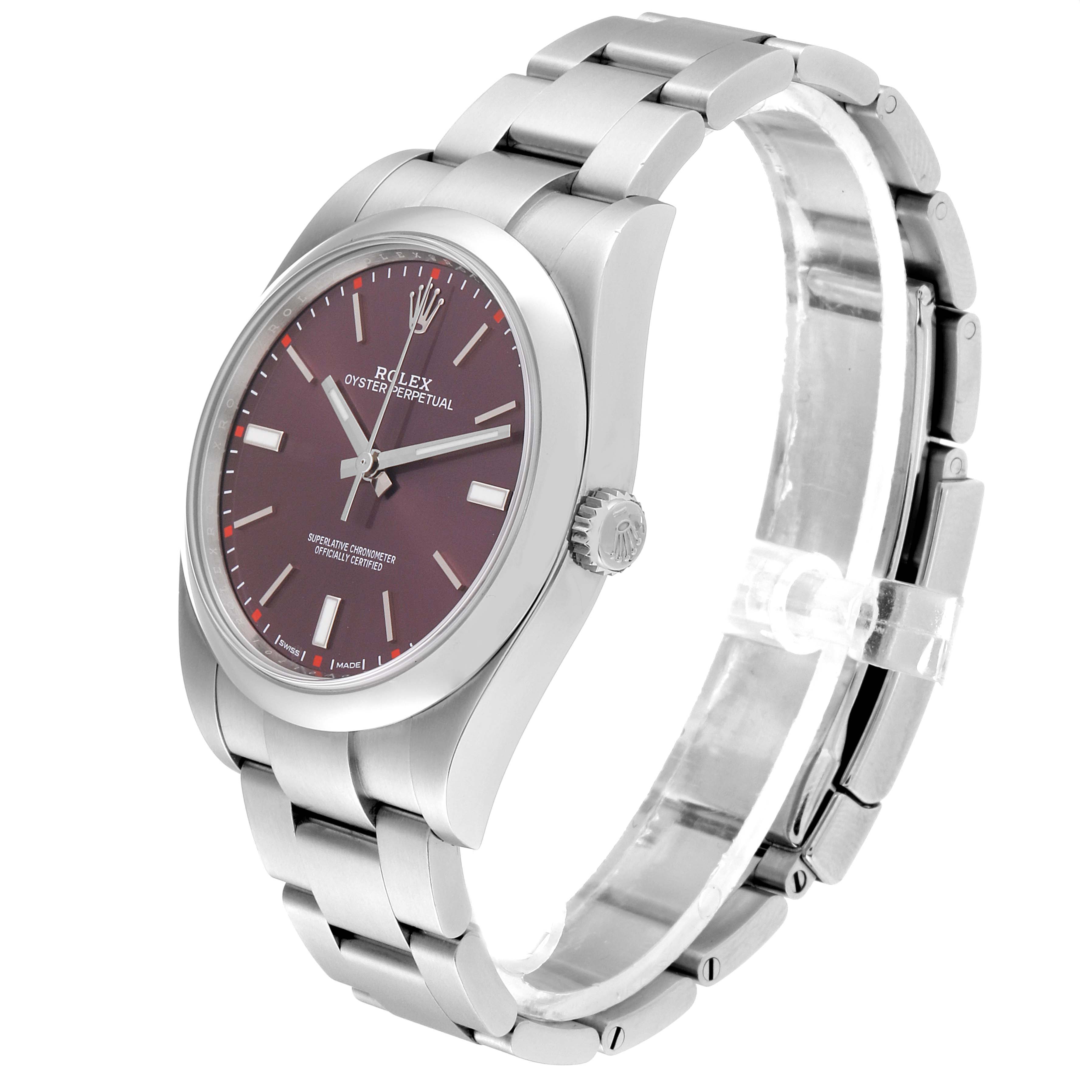 The Rolex Oyster Perpetual 114300 Men's Stainless Steel Burgundy Dial 114300 Men's Stainless Steel Burgundy Dial watch is shown at an angle highlighting its face, bezel, crown, and bracelet.