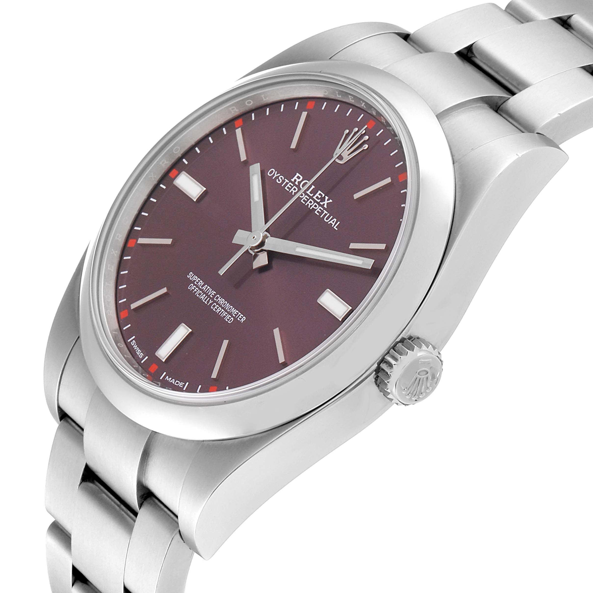 The image shows a side and front angle of the Rolex Oyster Perpetual 114300 Men's Stainless Steel Burgundy Dial 114300 Men's Stainless Steel Burgundy Dial watch, highlighting the dial, bezel, crown, and bracelet.