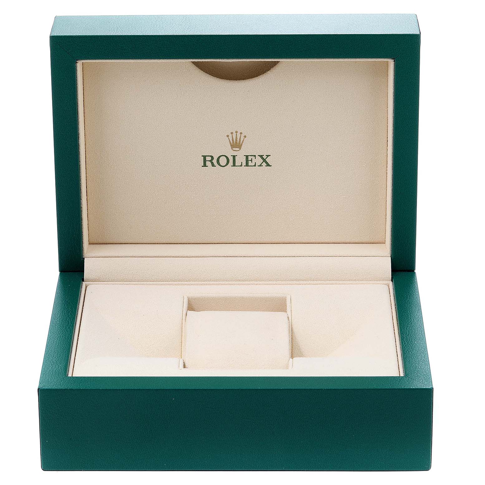 This is an open Rolex Oyster Perpetual 114300 Men's Stainless Steel Burgundy Dial 114300 Men's Stainless Steel Burgundy Dial watch box, displaying the interior with a cushion for the watch.