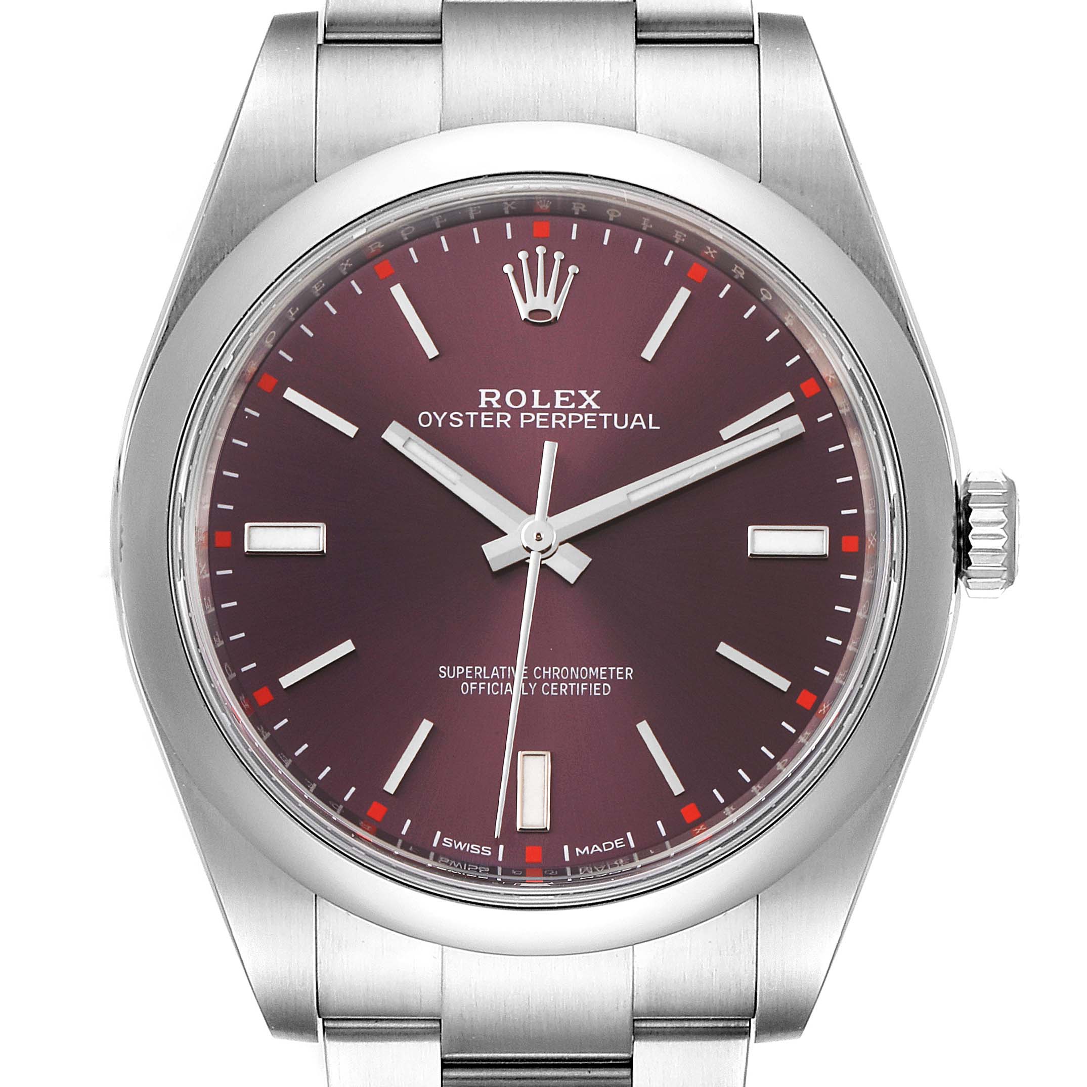 This image shows a close-up, front view of the Rolex Oyster Perpetual 114300 Men's Stainless Steel Burgundy Dial 114300 Men's Stainless Steel Burgundy Dial watch, displaying its dial, crown, and bracelet.