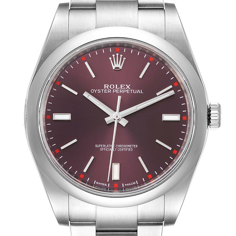 Rolex Oyster Perpetual 39 Red Grape Dial Steel Mens Watch 114300 SwissWatchExpo