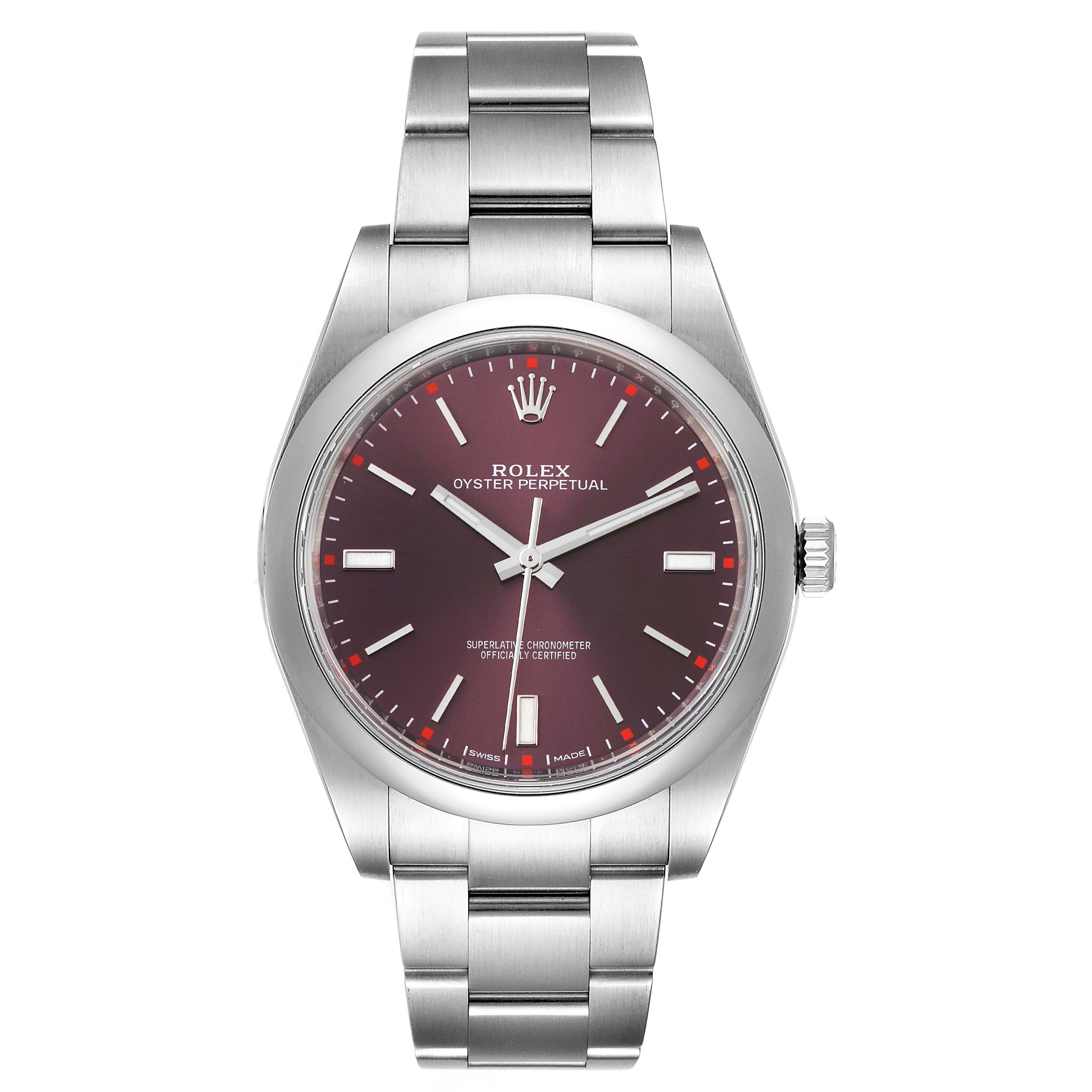 The image shows a front view of a Rolex Oyster Perpetual 114300 Men's Stainless Steel Burgundy Dial 114300 Men's Stainless Steel Burgundy Dial watch, featuring its dial, case, and bracelet.