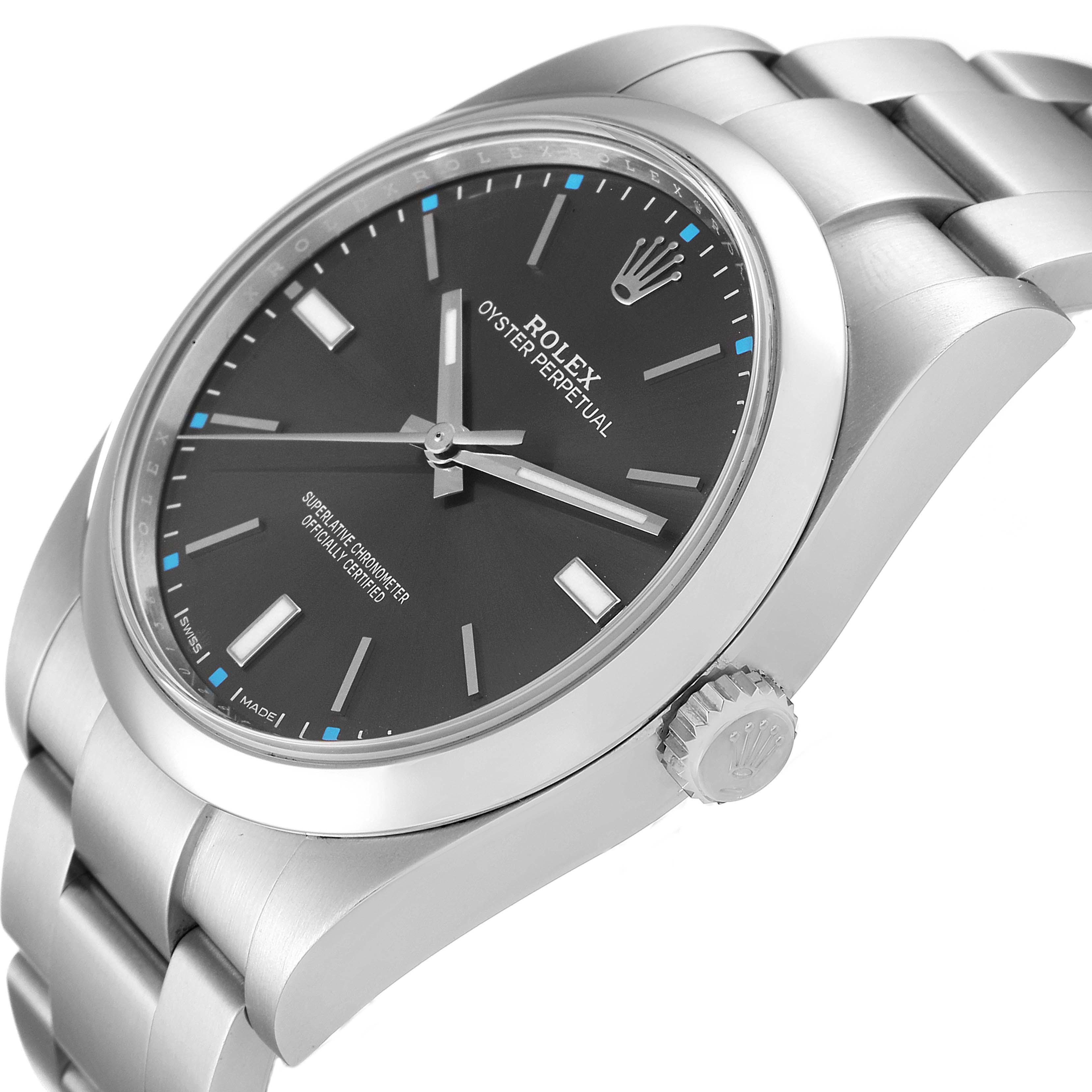 The image shows a close-up, tilted angle of the Rolex Oyster Perpetual 114300 Men
s Stainless Steel Silver Dial 114300 Men
s Stainless Steel Silver Dial, showcasing the dial, case, and part of the bracelet.