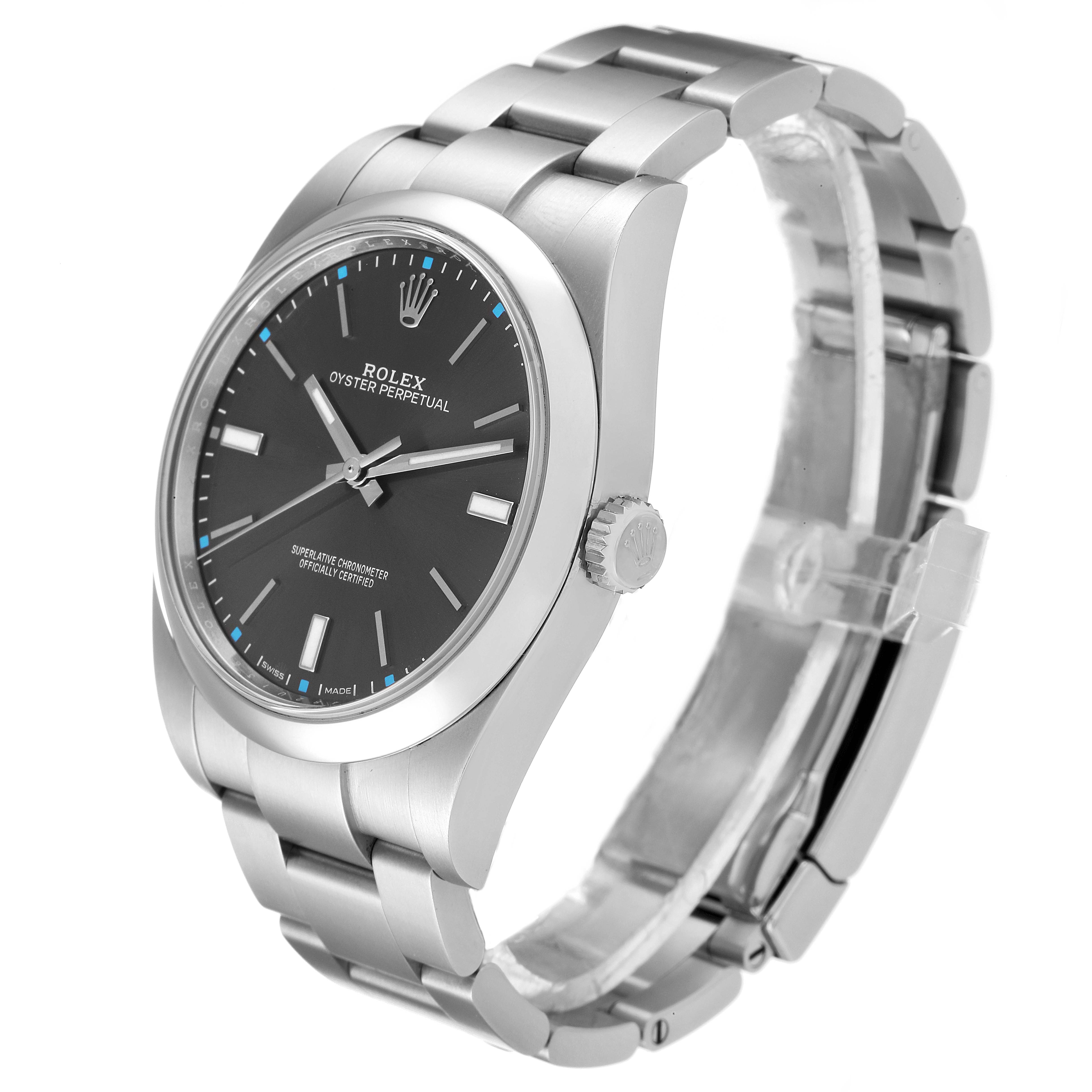 The image shows a side and front angle of a Rolex Oyster Perpetual 114300 Men
s Stainless Steel Silver Dial 114300 Men
s Stainless Steel Silver Dial watch, highlighting the dial, bracelet, and crown.