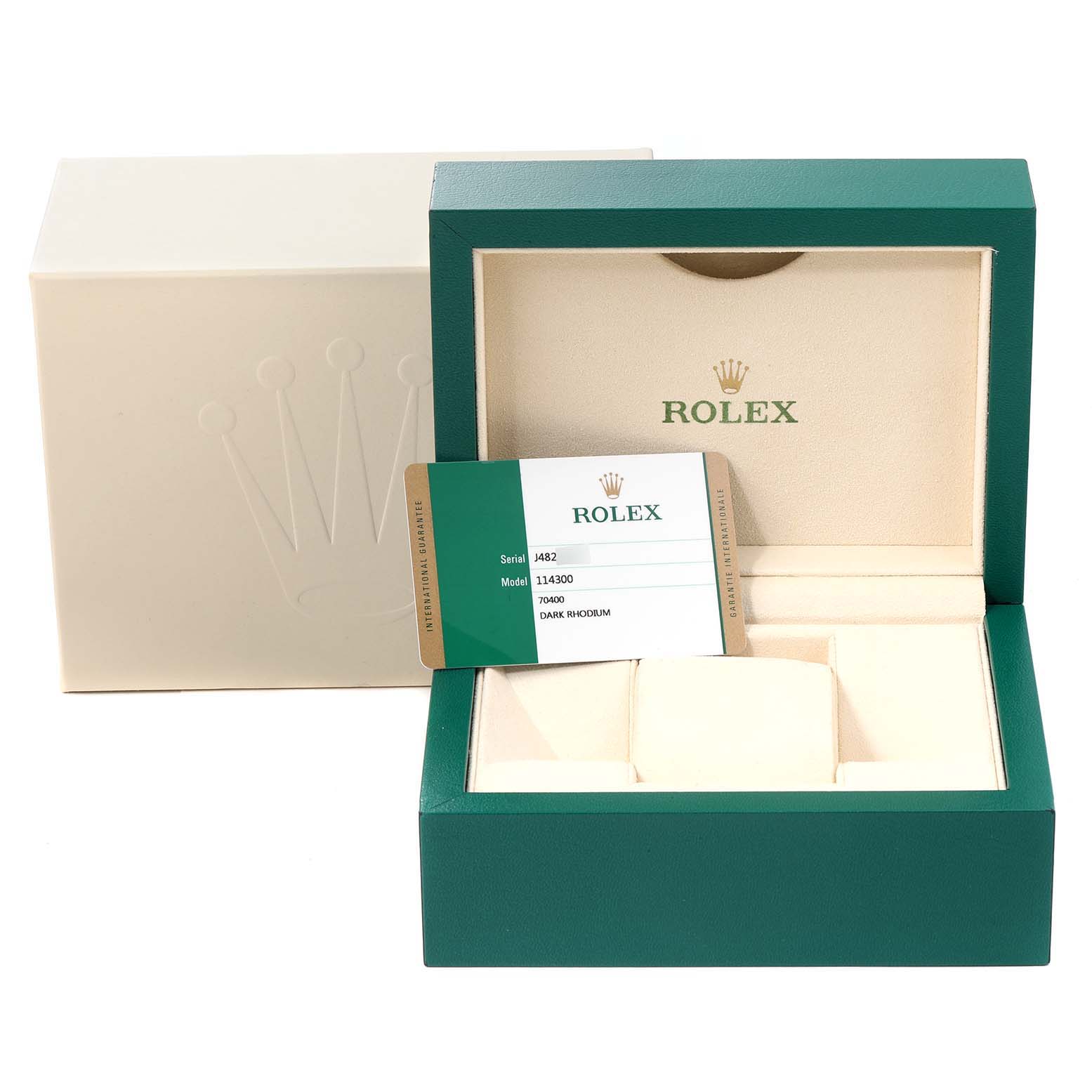 The image shows a Rolex Oyster Perpetual 114300 Men
s Stainless Steel Silver Dial 114300 Men
s Stainless Steel Silver Dial model watch box, warranty card, and outer box from a front angle.