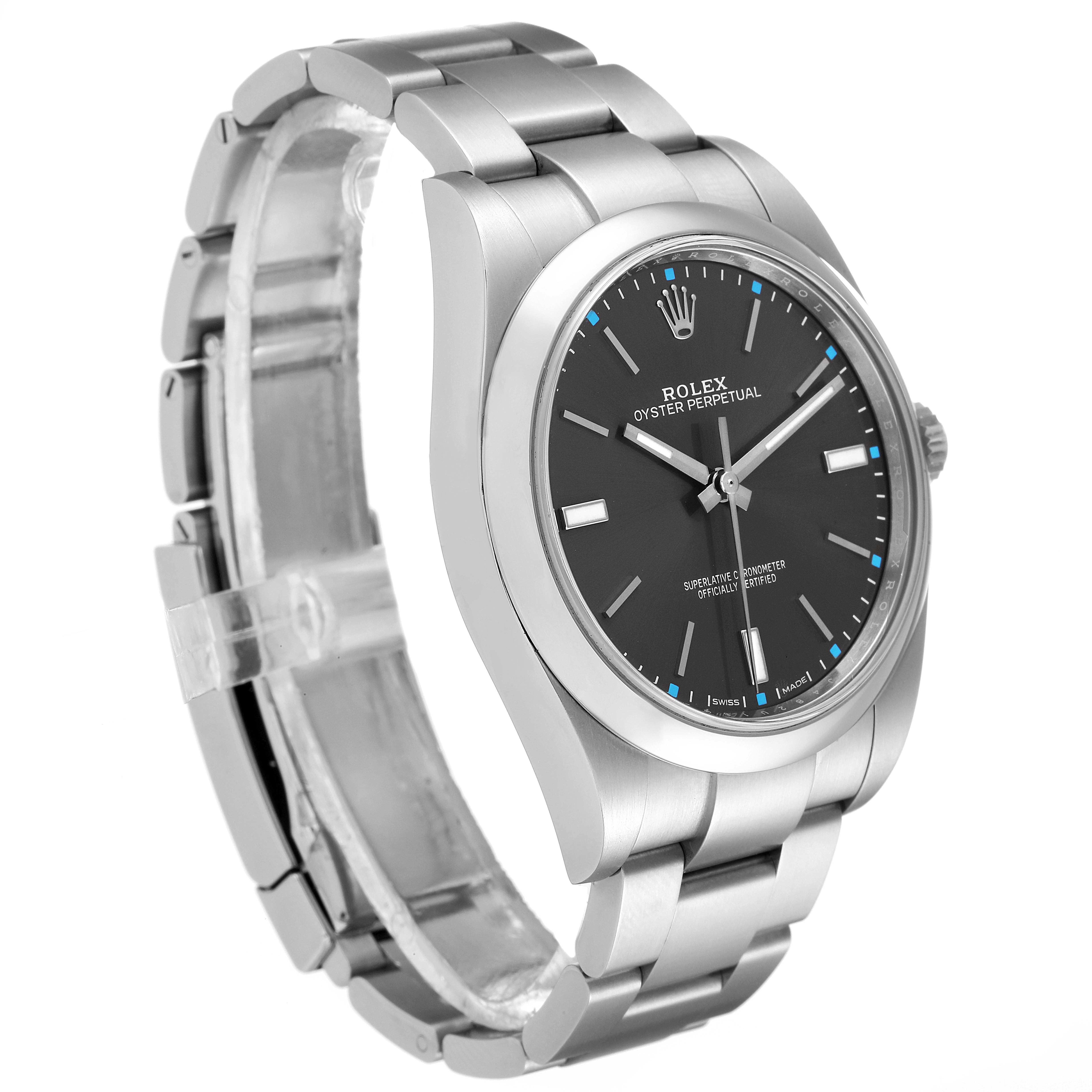 The image shows a side angle of a Rolex Oyster Perpetual 114300 Men
s Stainless Steel Silver Dial 114300 Men
s Stainless Steel Silver Dial watch, highlighting its bracelet, clasp, and black dial.