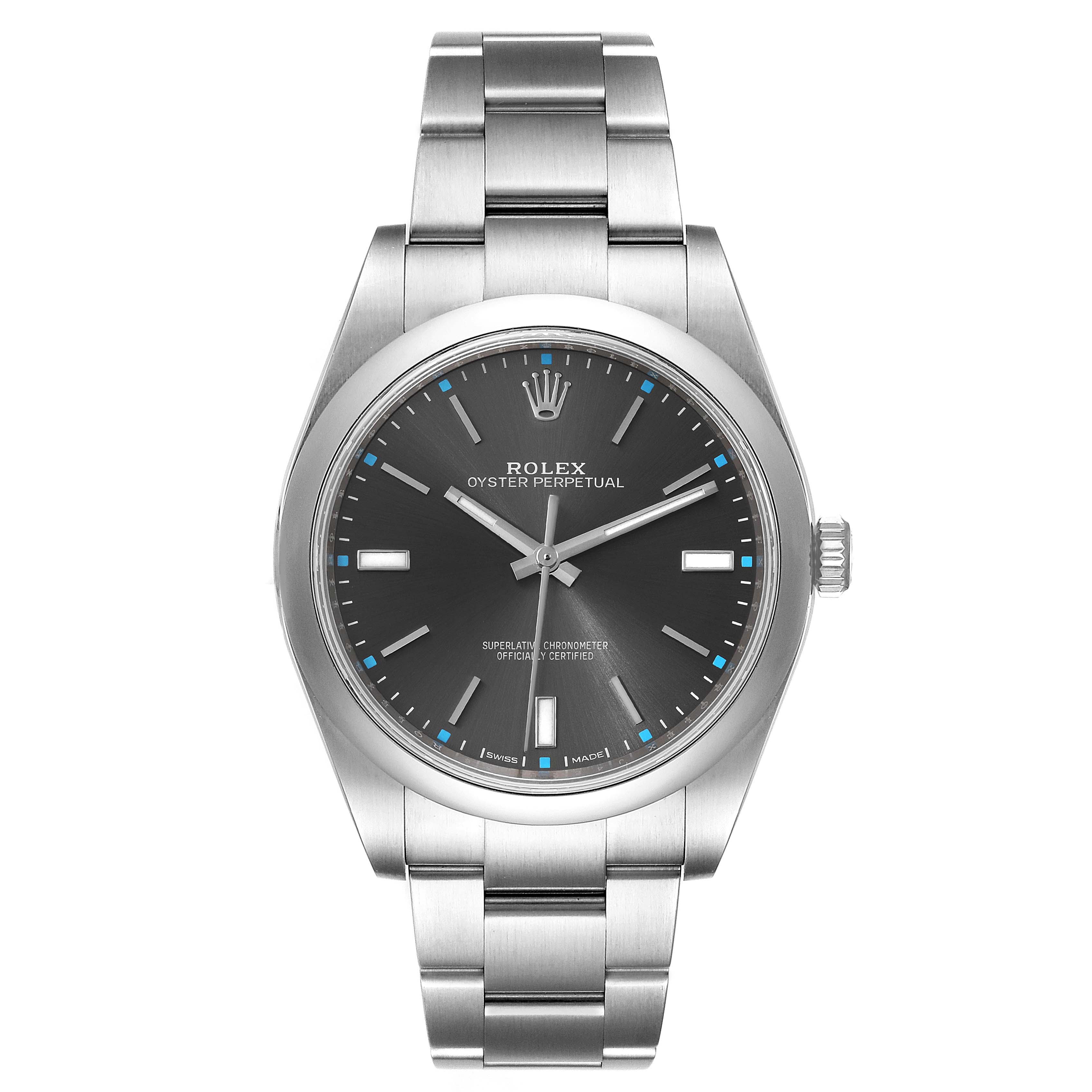 This Rolex Oyster Perpetual 114300 Men
s Stainless Steel Silver Dial 114300 Men
s Stainless Steel Silver Dial model watch is shown from the front, displaying the face, bezel, and stainless steel bracelet.