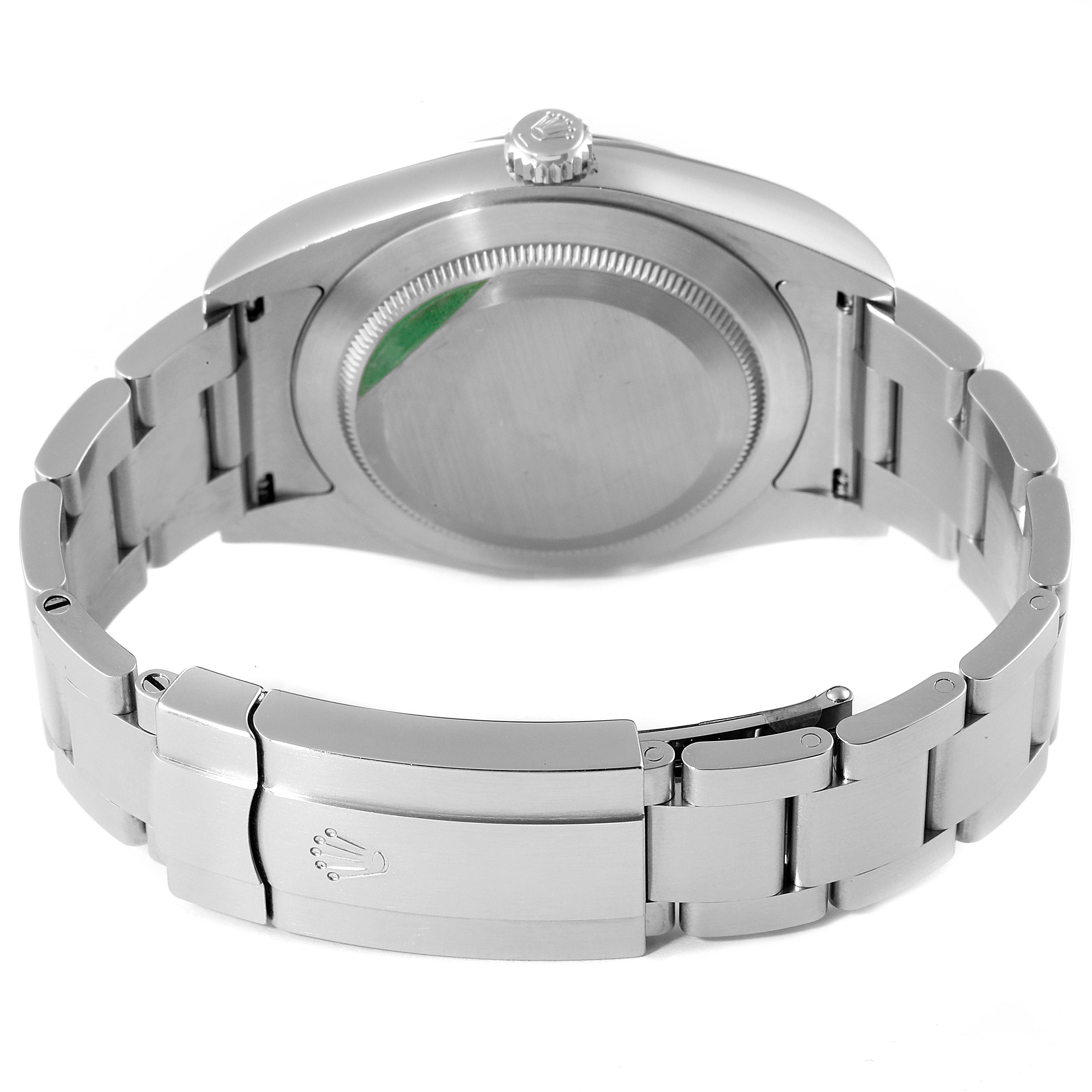 This image displays the back case and bracelet clasp of a Rolex Oyster Perpetual 114300 Men
s Stainless Steel Silver Dial 114300 Men
s Stainless Steel Silver Dial watch from a rear angle.