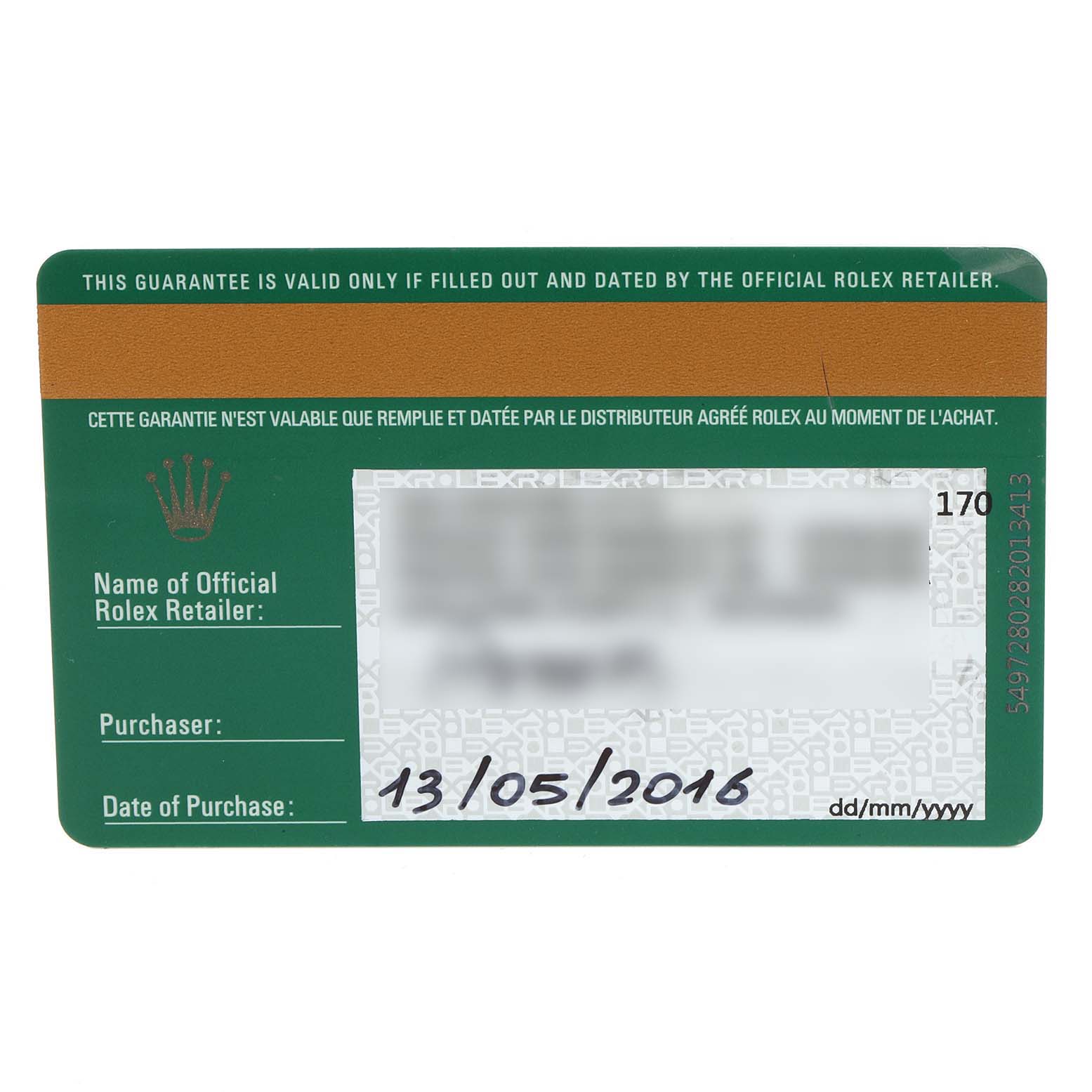 This image shows a warranty card for a Rolex Oyster Perpetual 114300 Men
s Stainless Steel Silver Dial 114300 Men
s Stainless Steel Silver Dial watch, detailing the purchase date and official retailer information.