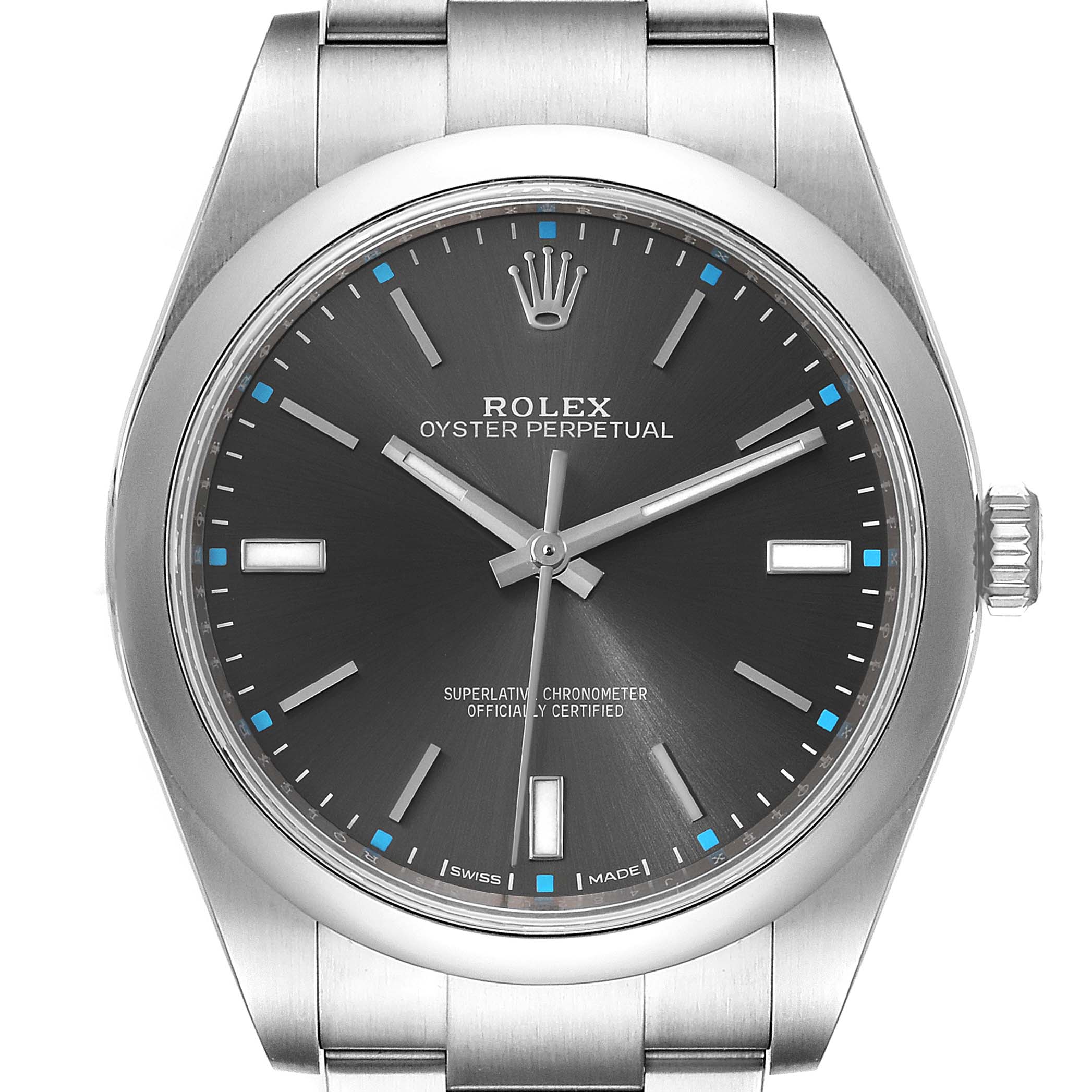 The image shows a front view of a Rolex Oyster Perpetual 114300 Men
s Stainless Steel Silver Dial 114300 Men
s Stainless Steel Silver Dial watch highlighting its dial, bezel, and bracelet.