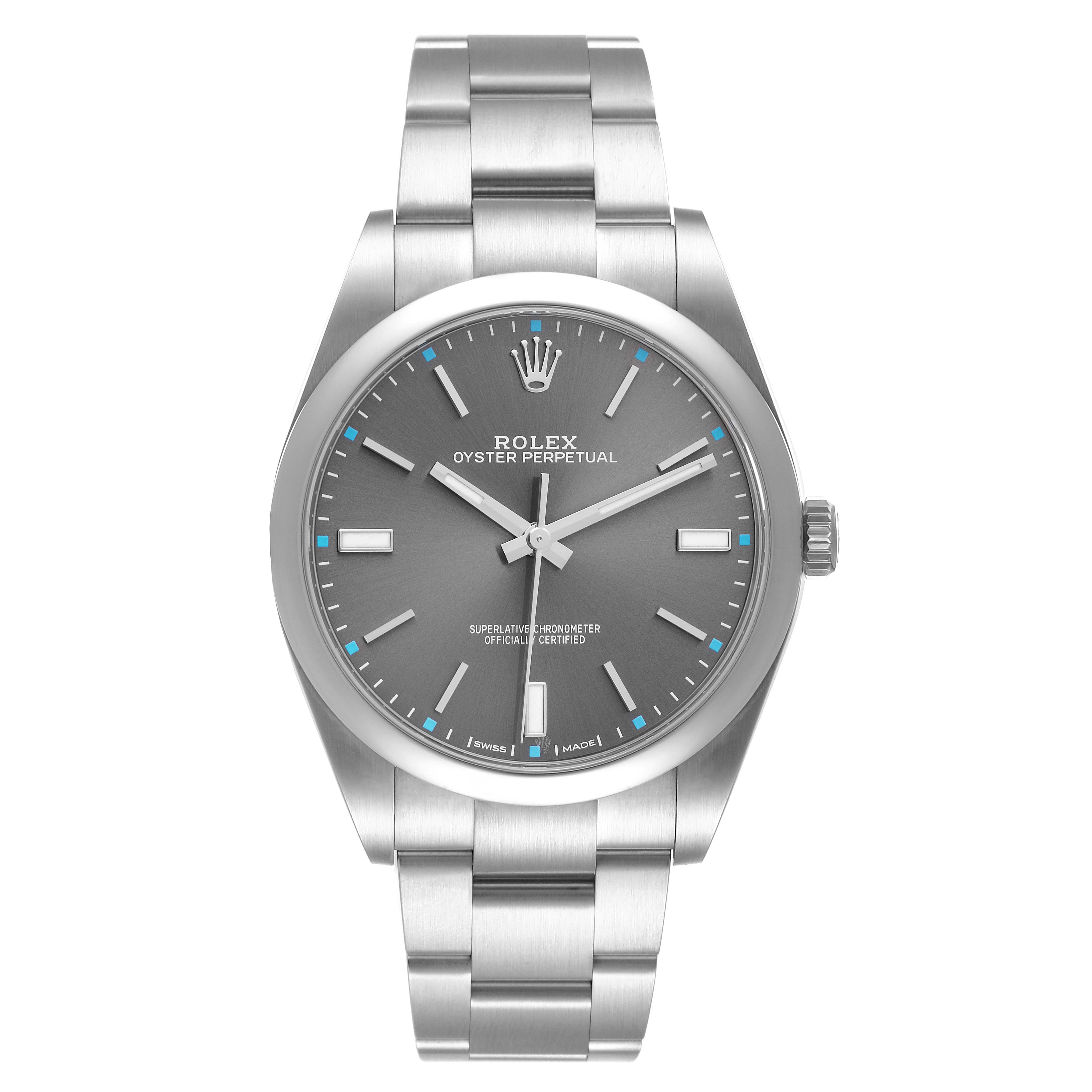 This image shows a front view of a Rolex Oyster Perpetual 114300 Men's Stainless Steel Grey Dial 114300 Men's Stainless Steel Grey Dial watch, including the face, bezel, and bracelet.